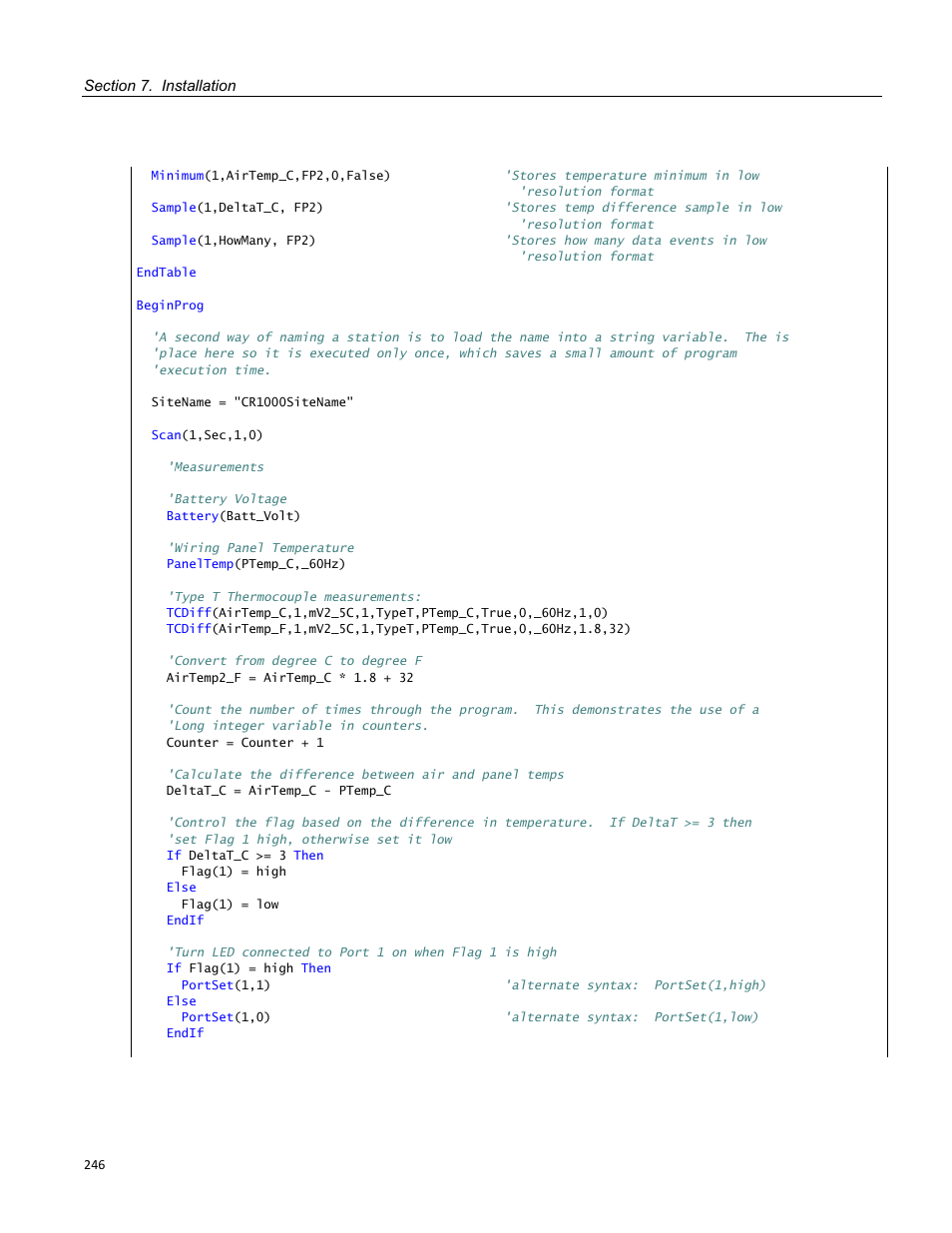 Table 43. formatting strings examples, Crbasic example 49. form | Campbell Scientific CR800 and CR850 Measurement and Control Systems User Manual | Page 246 / 566