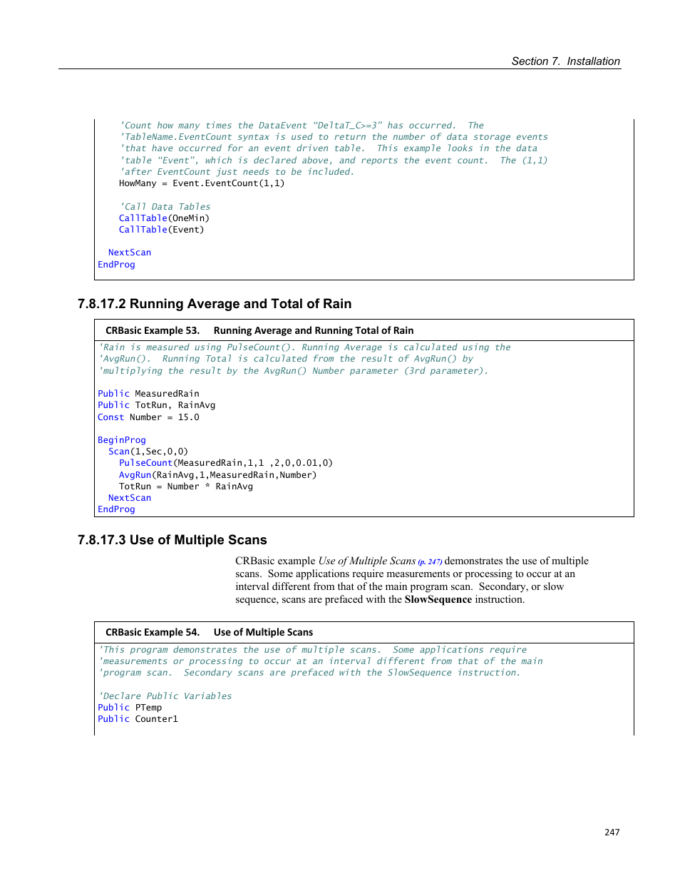 2 running average and total of rain, 3 use of multiple scans | Campbell Scientific CR800 and CR850 Measurement and Control Systems User Manual | Page 247 / 566