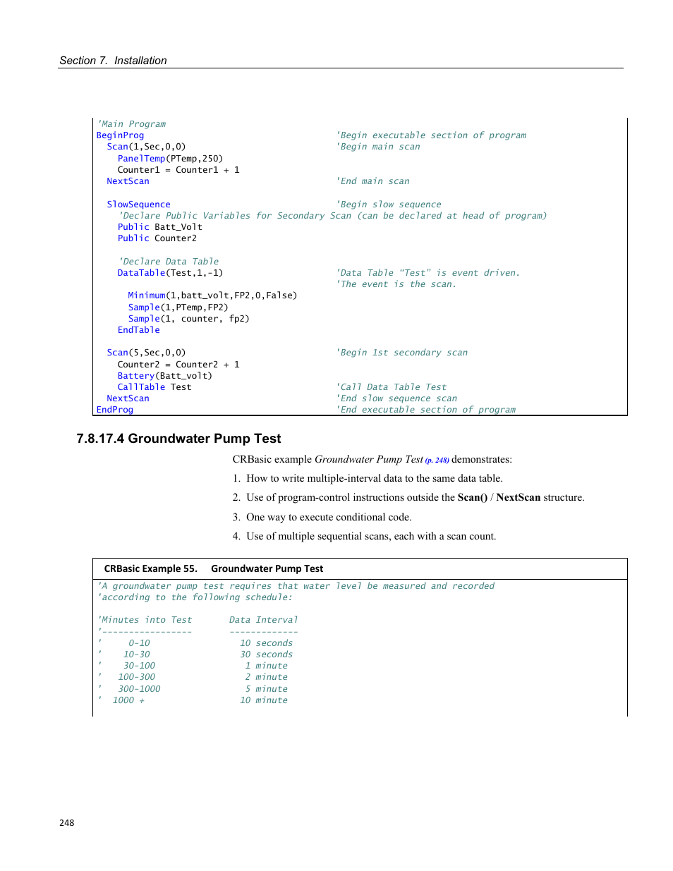 4 groundwater pump test, Crbasic example 51. program signatures | Campbell Scientific CR800 and CR850 Measurement and Control Systems User Manual | Page 248 / 566