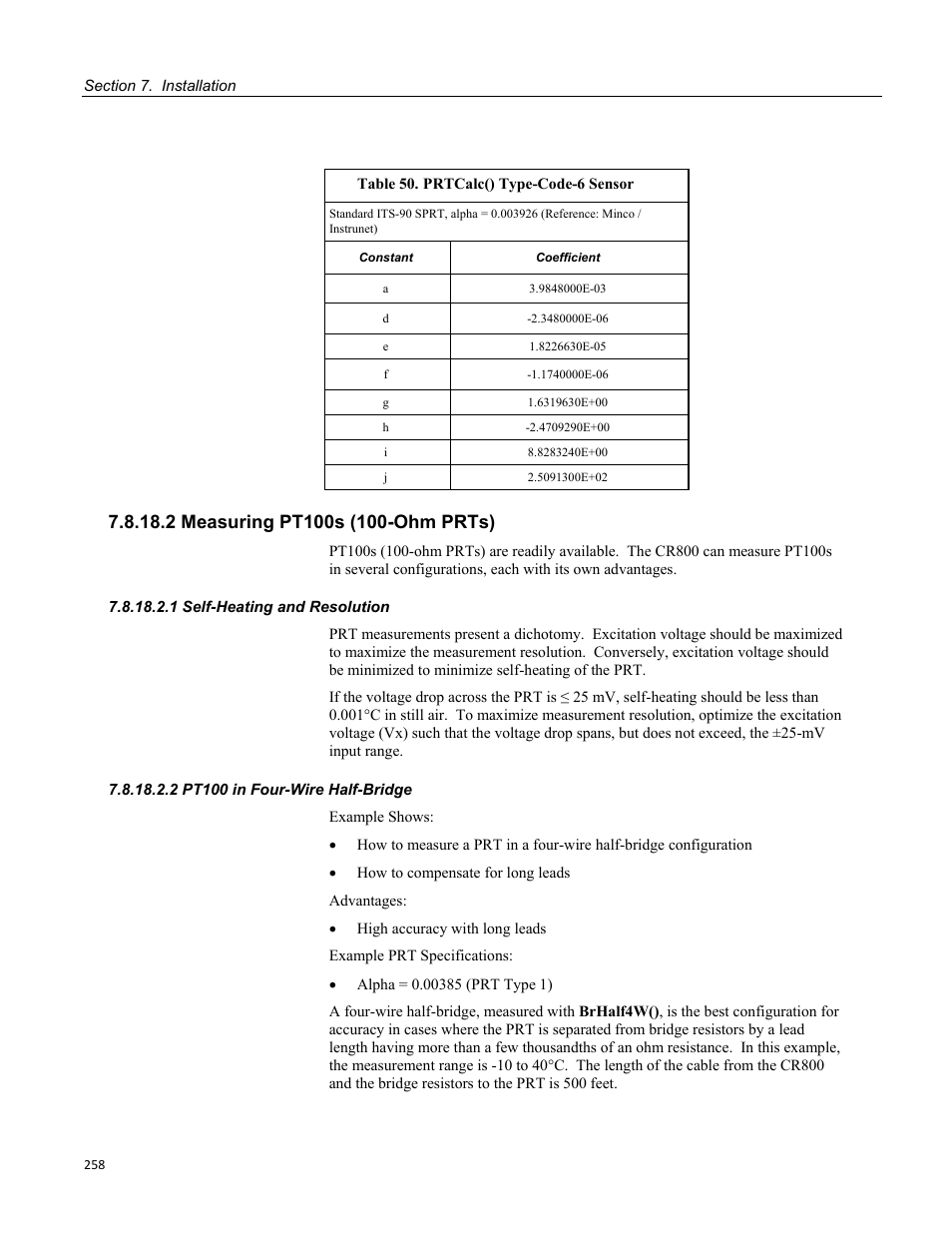 2 measuring pt100s (100-ohm prts), 1 self-heating and resolution, 2 pt100 in four-wire half-bridge | Campbell Scientific CR800 and CR850 Measurement and Control Systems User Manual | Page 258 / 566