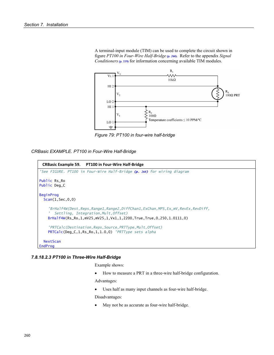 3 pt100 in three-wire half-bridge, Table 45. prtcalc() type-code-1 sensor | Campbell Scientific CR800 and CR850 Measurement and Control Systems User Manual | Page 260 / 566