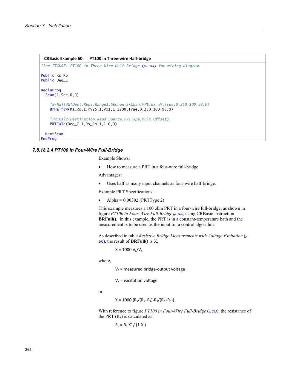 4 pt100 in four-wire full-bridge, Table 48. prtcalc() type-code-4 sensor, Table 49. prtcalc() type-code-5 sensor | Campbell Scientific CR800 and CR850 Measurement and Control Systems User Manual | Page 262 / 566