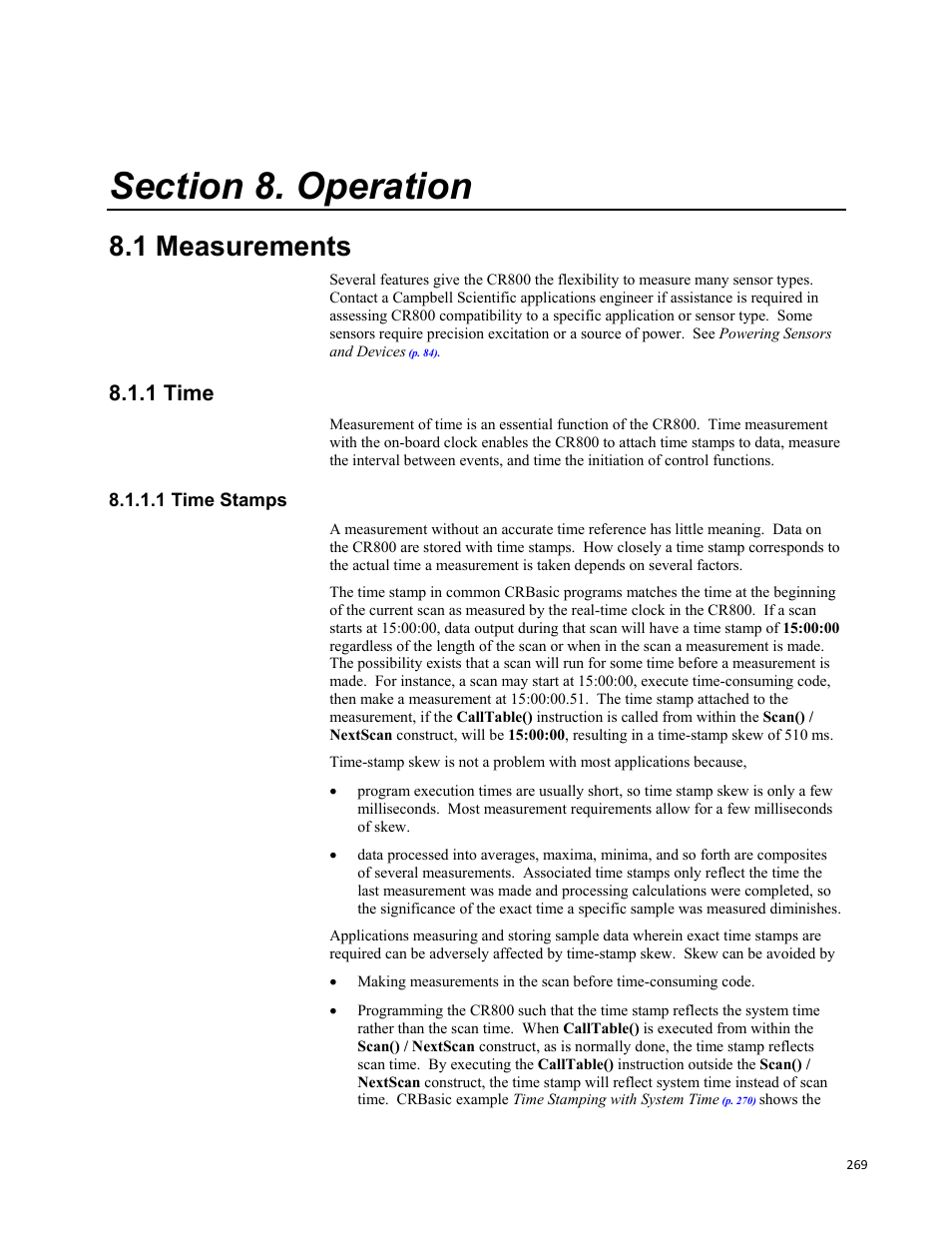 Section 8. operation, 1 measurements, 1 time | 1 time stamps, Figure 82: running-average equation, Crbasic example 61. pt100 in four-wire full-bridge | Campbell Scientific CR800 and CR850 Measurement and Control Systems User Manual | Page 269 / 566