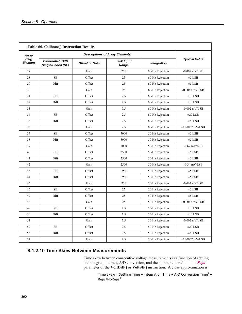 10 time skew between measurements, Table 57. crbasic measurement settling times | Campbell Scientific CR800 and CR850 Measurement and Control Systems User Manual | Page 290 / 566