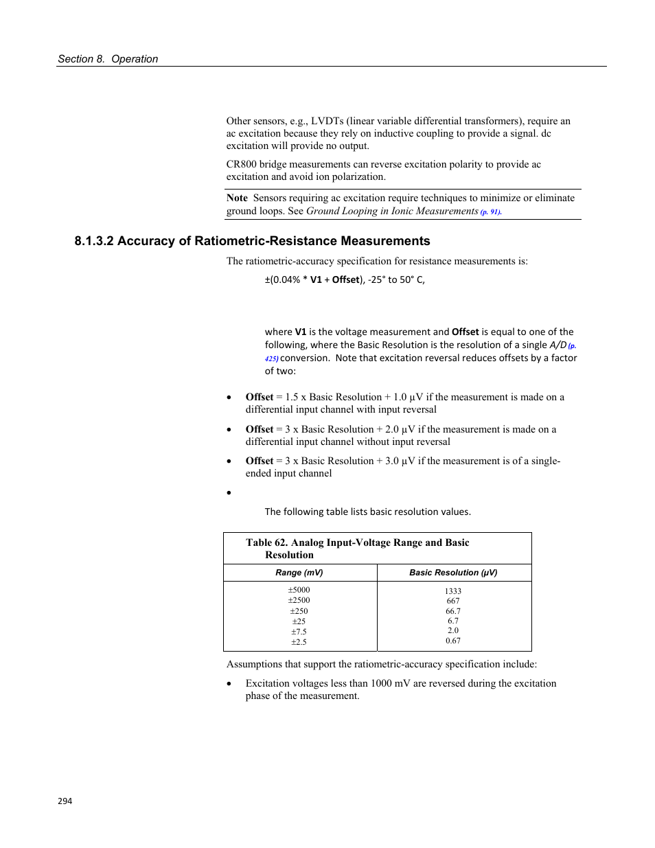 2 accuracy of ratiometric-resistance measurements, Table 59. status table calibration entries | Campbell Scientific CR800 and CR850 Measurement and Control Systems User Manual | Page 294 / 566