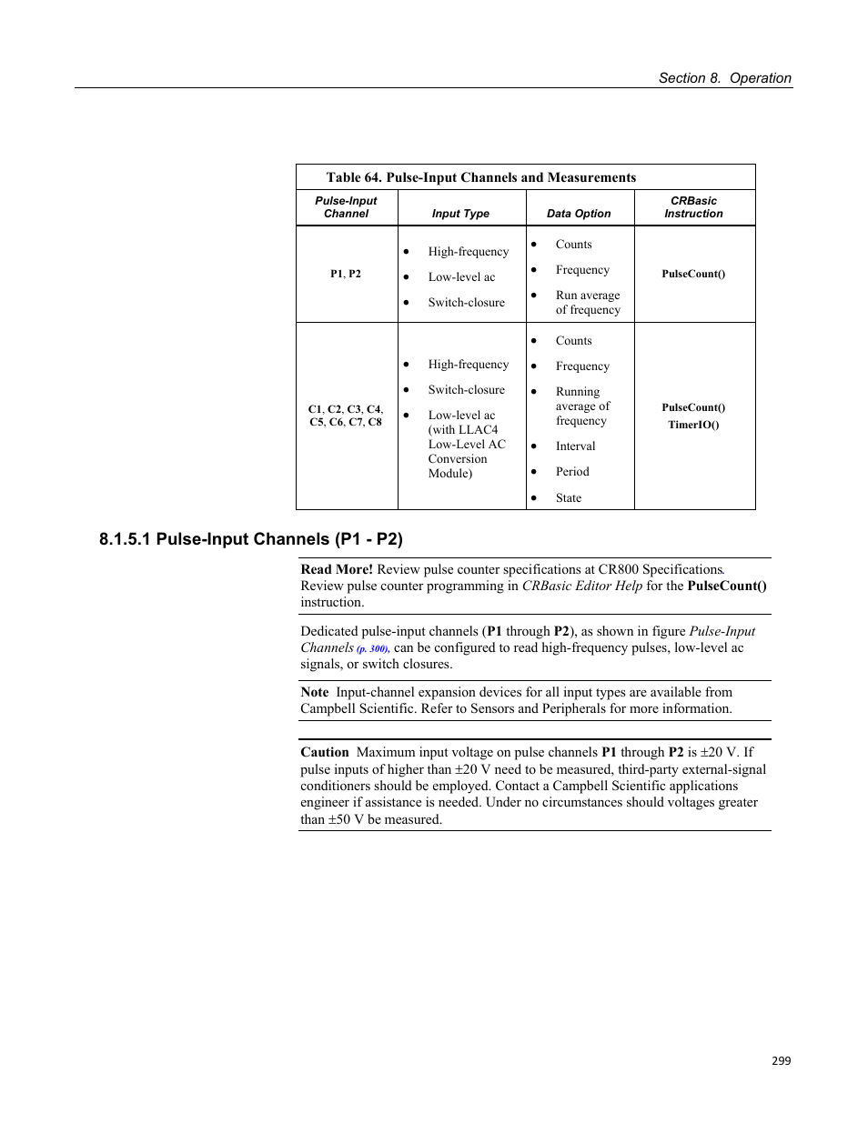 1 pulse-input channels (p1 - p2) | Campbell Scientific CR800 and CR850 Measurement and Control Systems User Manual | Page 299 / 566