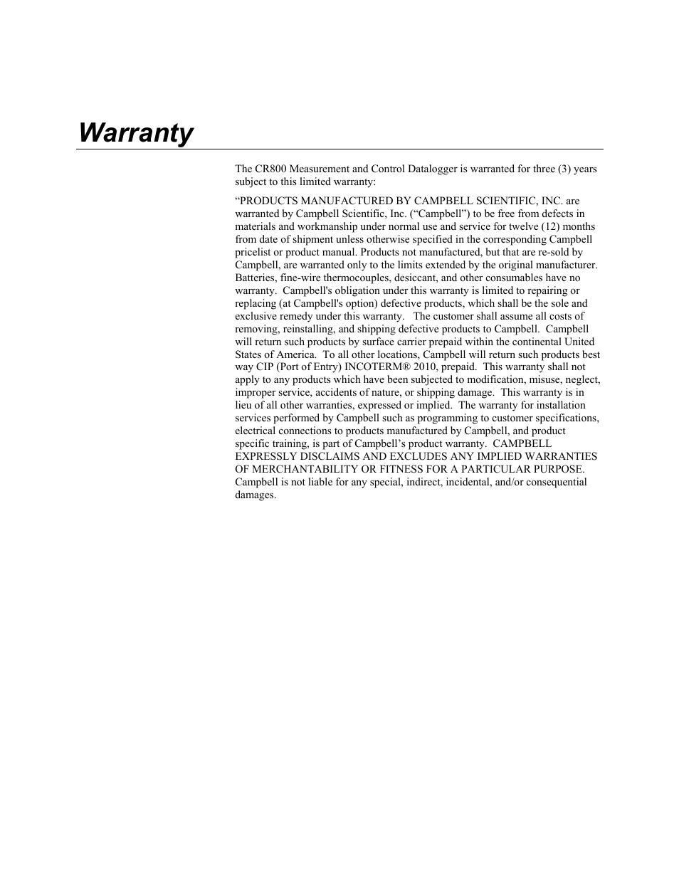 Warranty | Campbell Scientific CR800 and CR850 Measurement and Control Systems User Manual | Page 3 / 566
