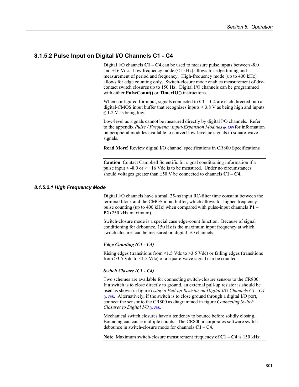 2 pulse input on digital i/o channels c1 - c4, 1 high frequency mode | Campbell Scientific CR800 and CR850 Measurement and Control Systems User Manual | Page 301 / 566