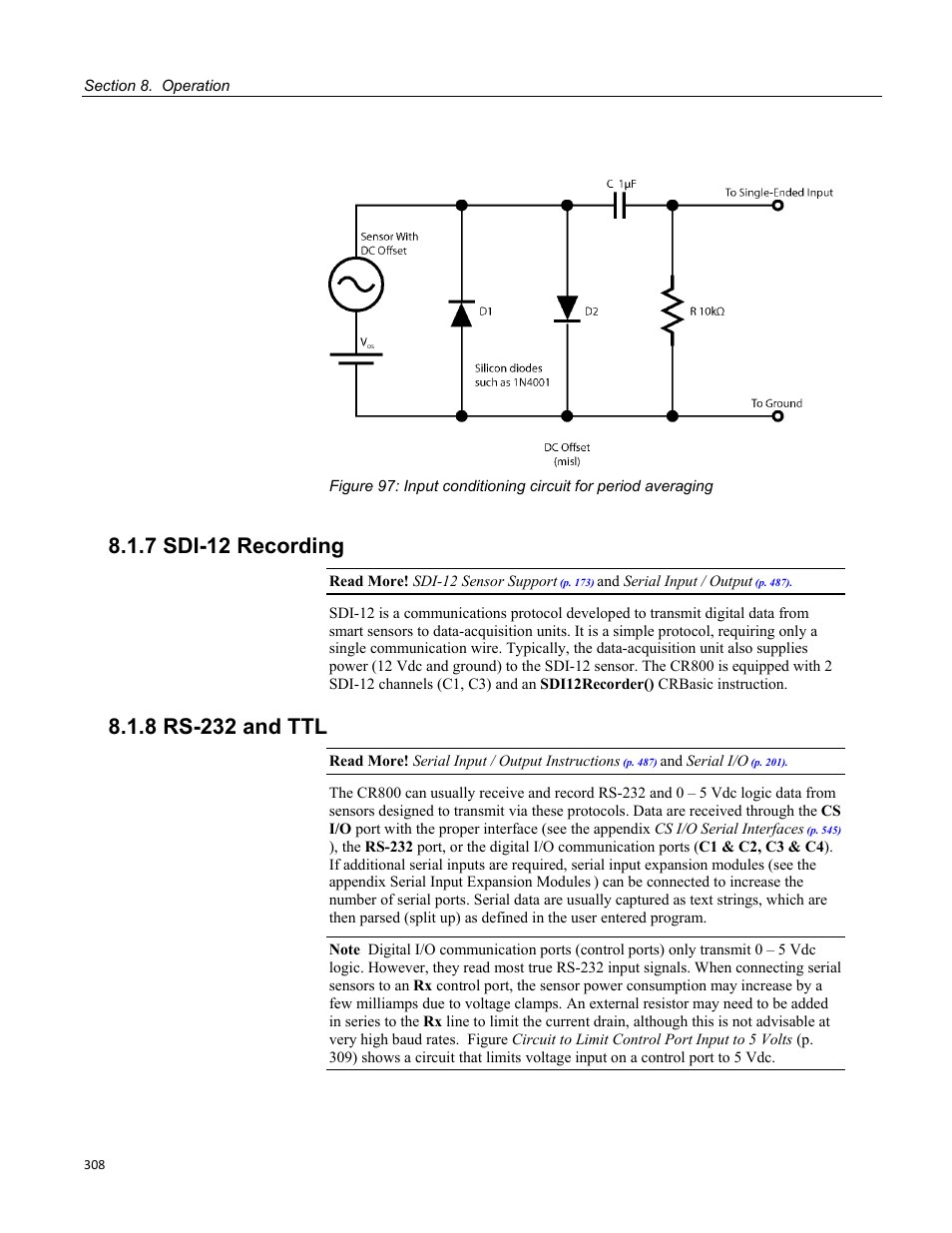 7 sdi-12 recording, 8 rs-232 and ttl | Campbell Scientific CR800 and CR850 Measurement and Control Systems User Manual | Page 308 / 566