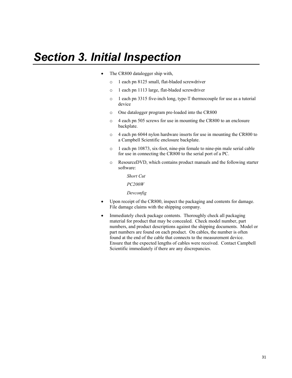 Section 3. initial inspection | Campbell Scientific CR800 and CR850 Measurement and Control Systems User Manual | Page 31 / 566