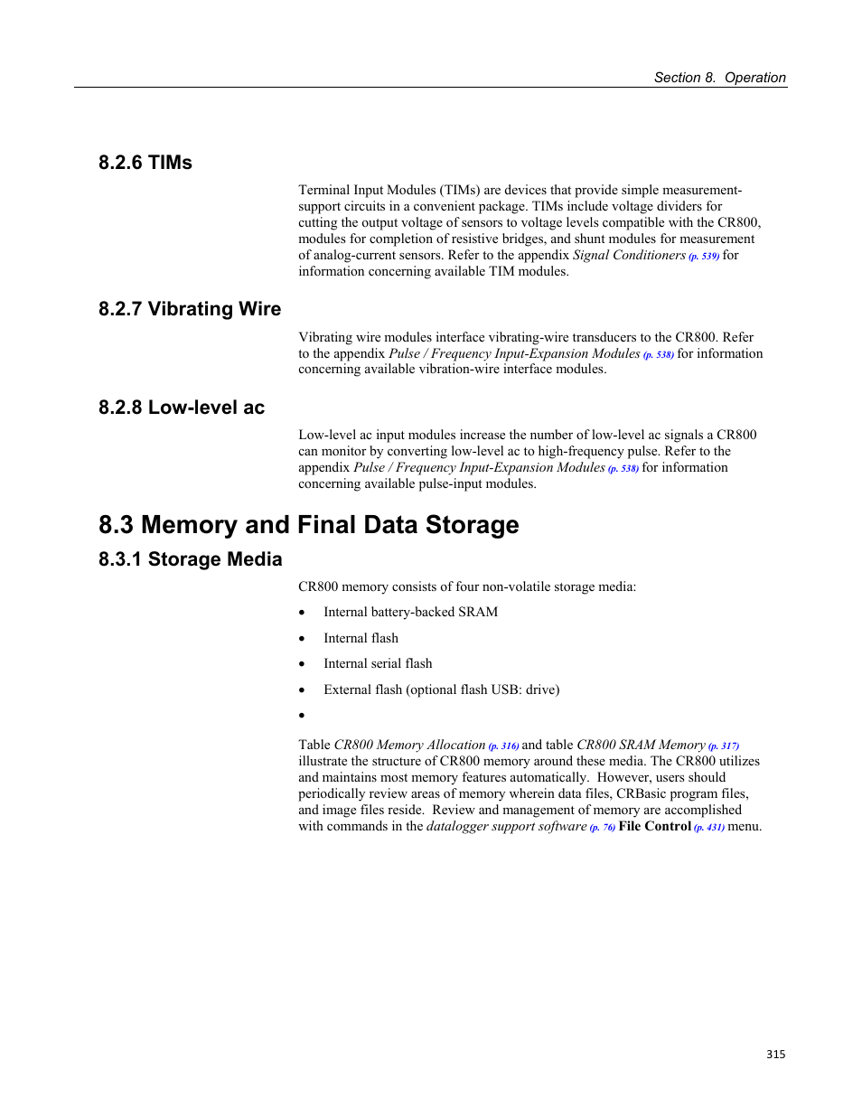 6 tims, 7 vibrating wire, 8 low-level ac | 3 memory and final data storage, 1 storage media | Campbell Scientific CR800 and CR850 Measurement and Control Systems User Manual | Page 315 / 566