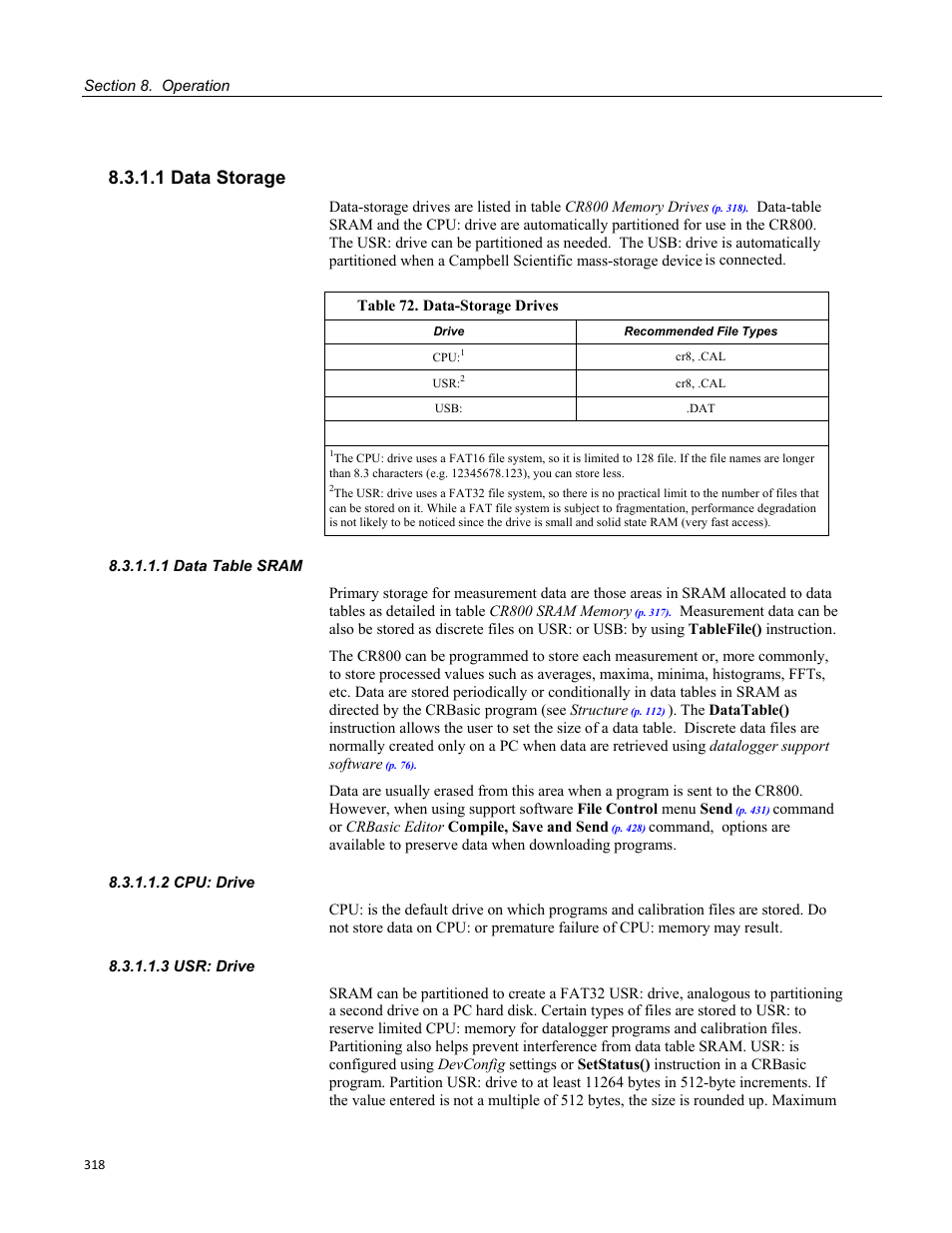 1 data storage, 1 data table sram, 2 cpu: drive | 3 usr: drive | Campbell Scientific CR800 and CR850 Measurement and Control Systems User Manual | Page 318 / 566
