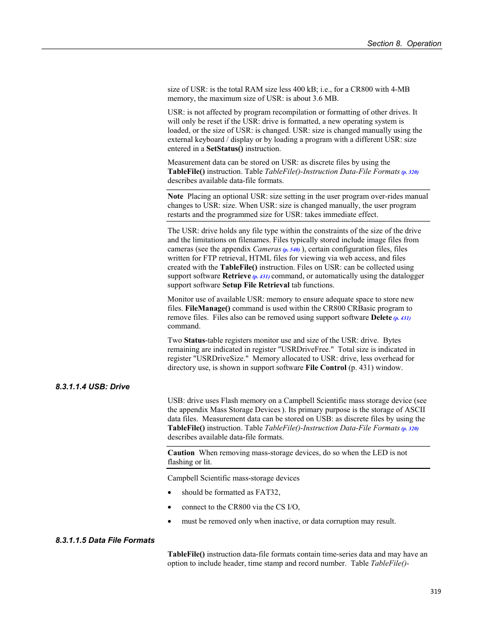 4 usb: drive, 5 data file formats | Campbell Scientific CR800 and CR850 Measurement and Control Systems User Manual | Page 319 / 566
