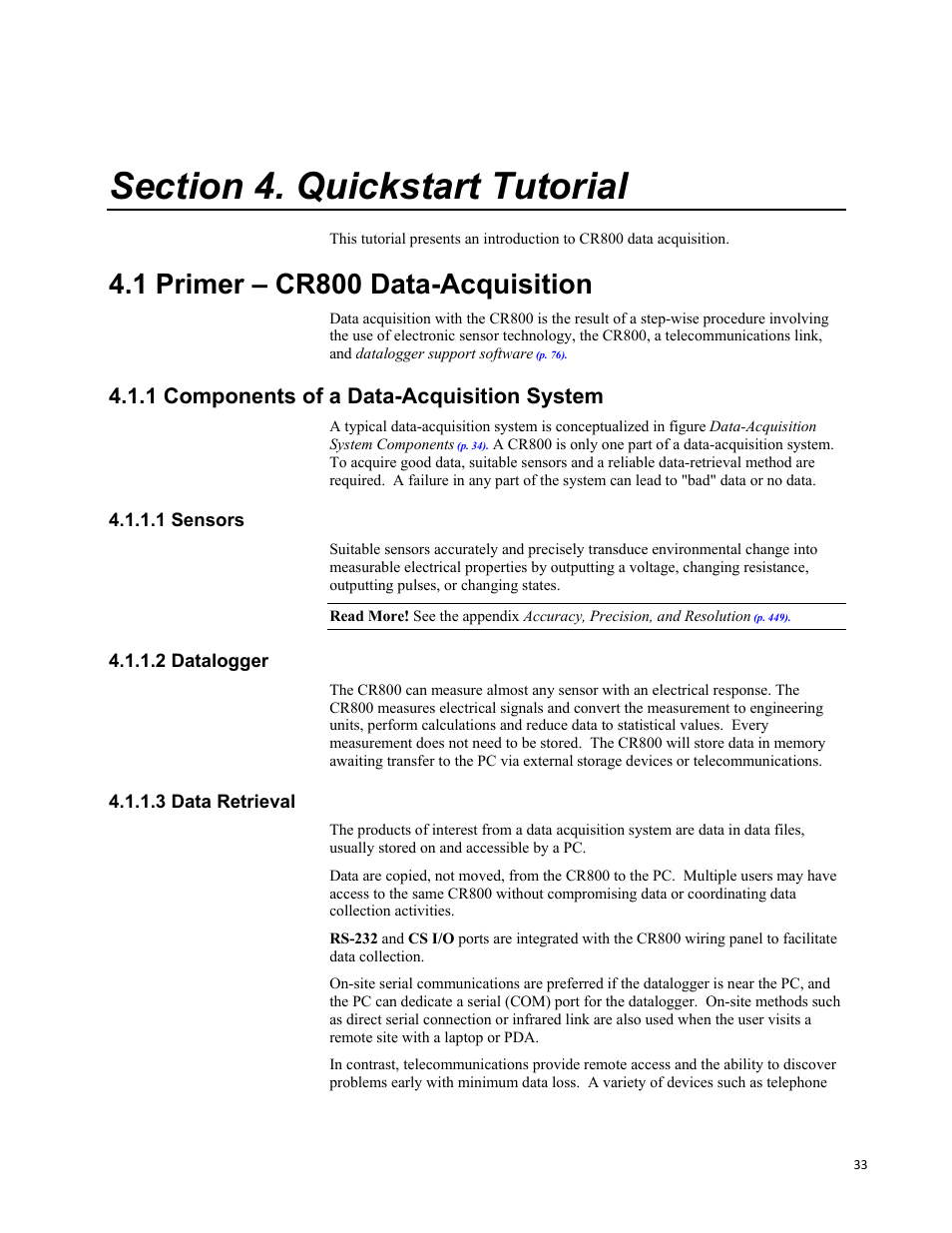 Section 4. quickstart tutorial, 1 primer – cr800 data-acquisition, 1 components of a data-acquisition system | 1 sensors, 2 datalogger, 3 data retrieval | Campbell Scientific CR800 and CR850 Measurement and Control Systems User Manual | Page 33 / 566
