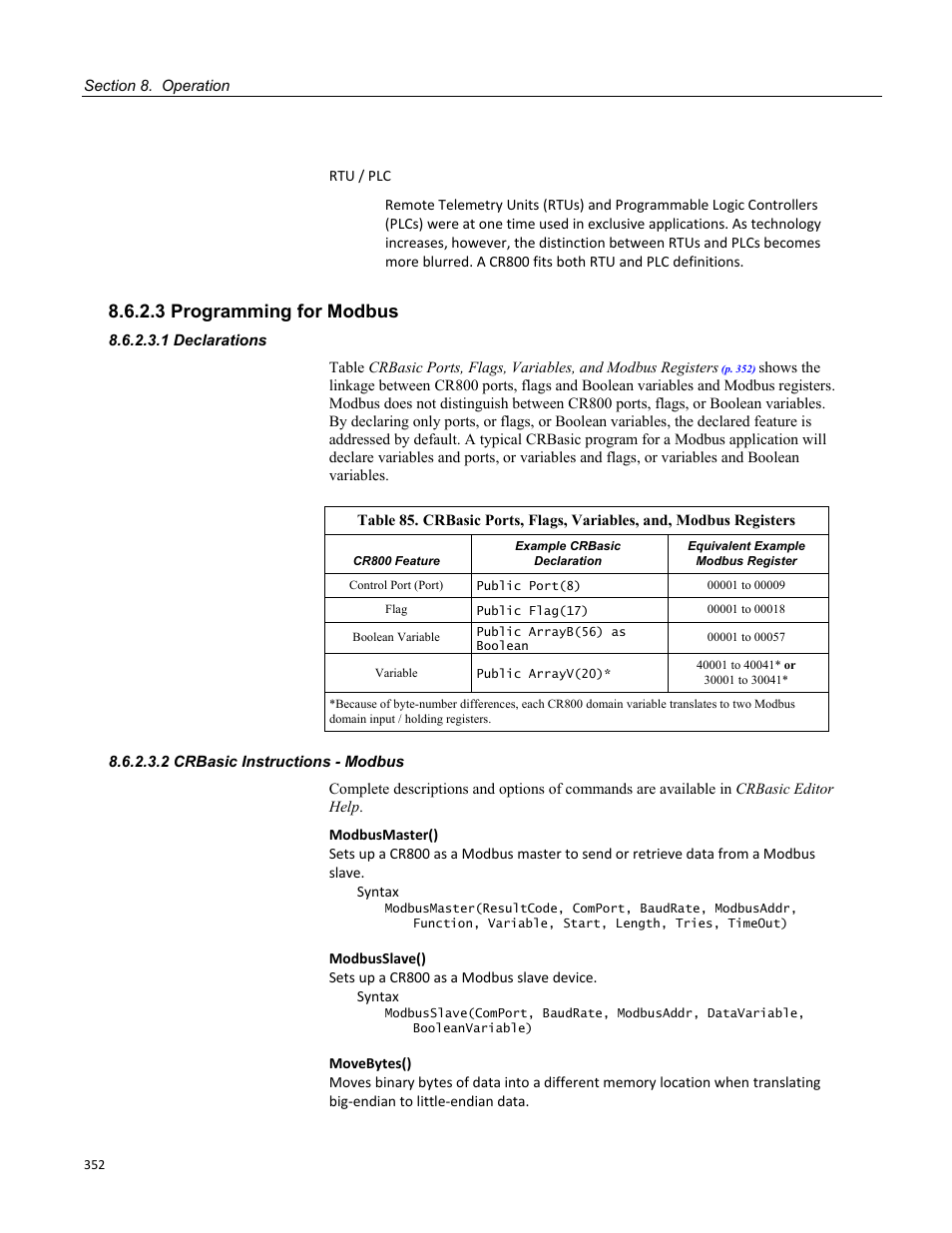 3 programming for modbus, 1 declarations, 2 crbasic instructions - modbus | Figure 109: devconfig deployment | advanced tab | Campbell Scientific CR800 and CR850 Measurement and Control Systems User Manual | Page 352 / 566