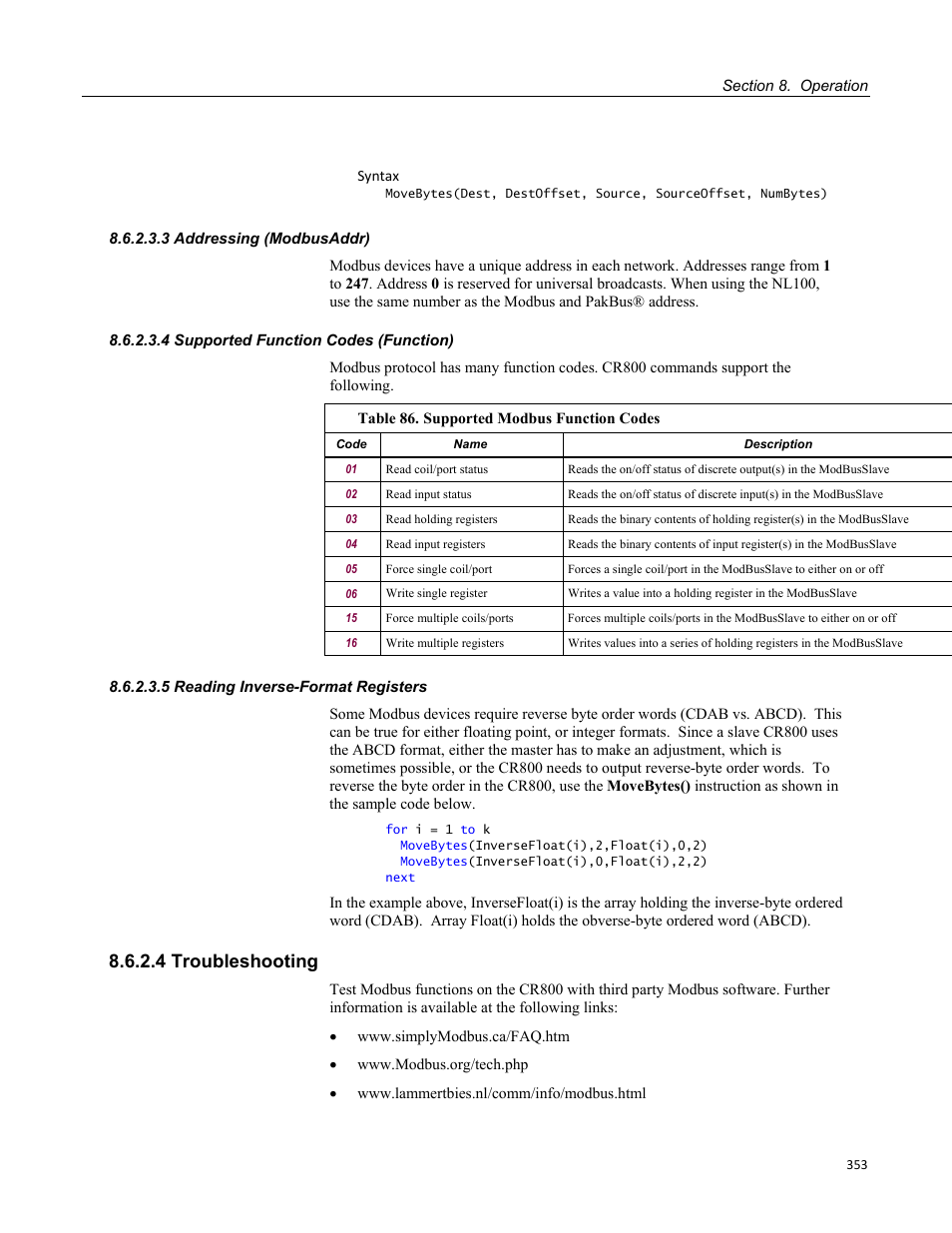 3 addressing (modbusaddr), 4 supported function codes (function), 5 reading inverse-format registers | 4 troubleshooting, Figure 110: loggernet network-map setup: com port | Campbell Scientific CR800 and CR850 Measurement and Control Systems User Manual | Page 353 / 566