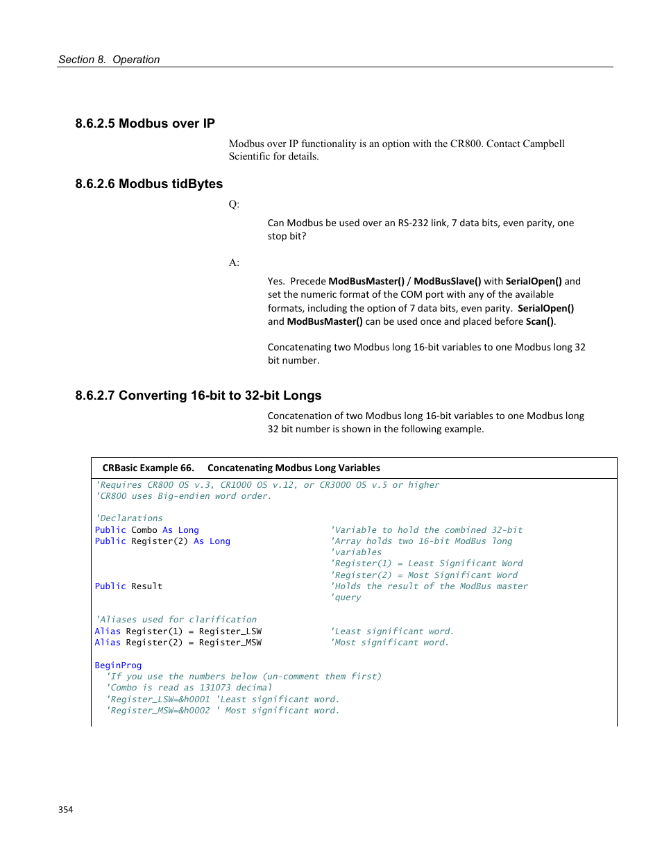 5 modbus over ip, 6 modbus tidbytes, 7 converting 16-bit to 32-bit longs | Campbell Scientific CR800 and CR850 Measurement and Control Systems User Manual | Page 354 / 566