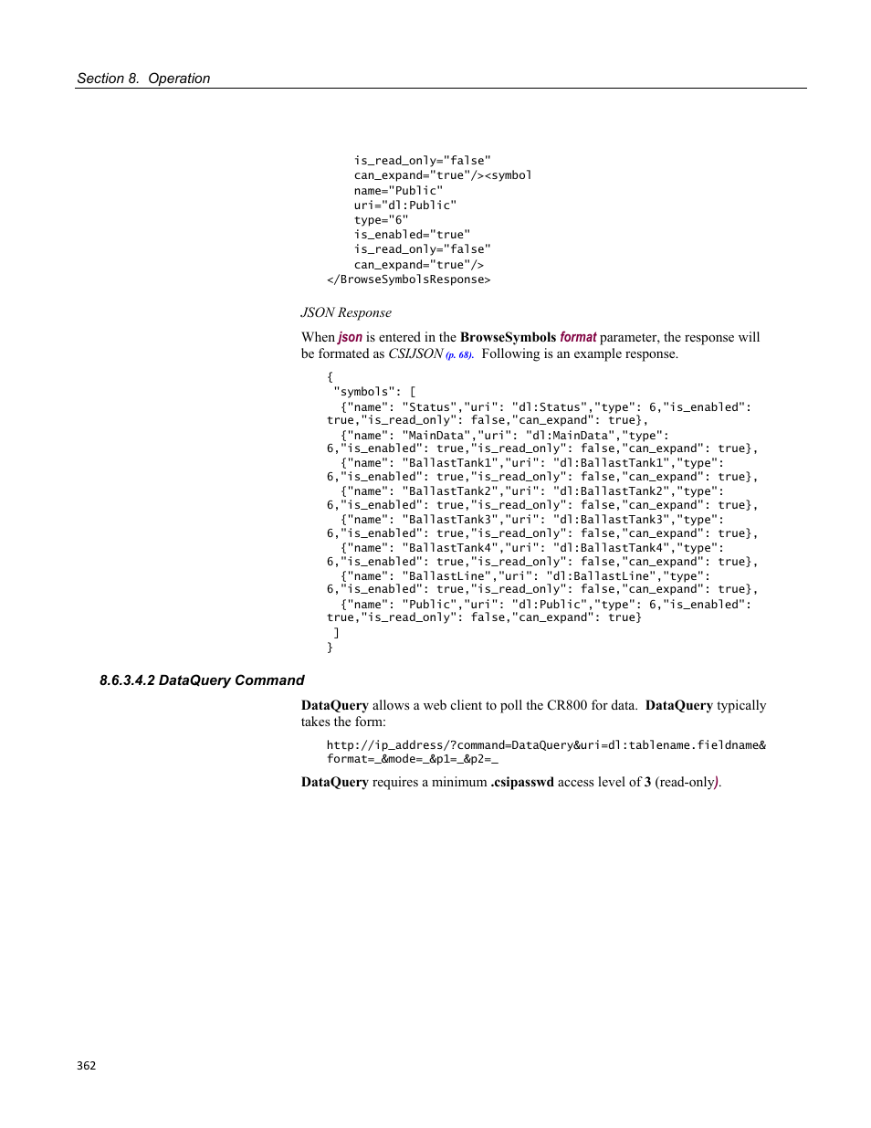 2 dataquery command, Table 86. supported modbus function codes | Campbell Scientific CR800 and CR850 Measurement and Control Systems User Manual | Page 362 / 566