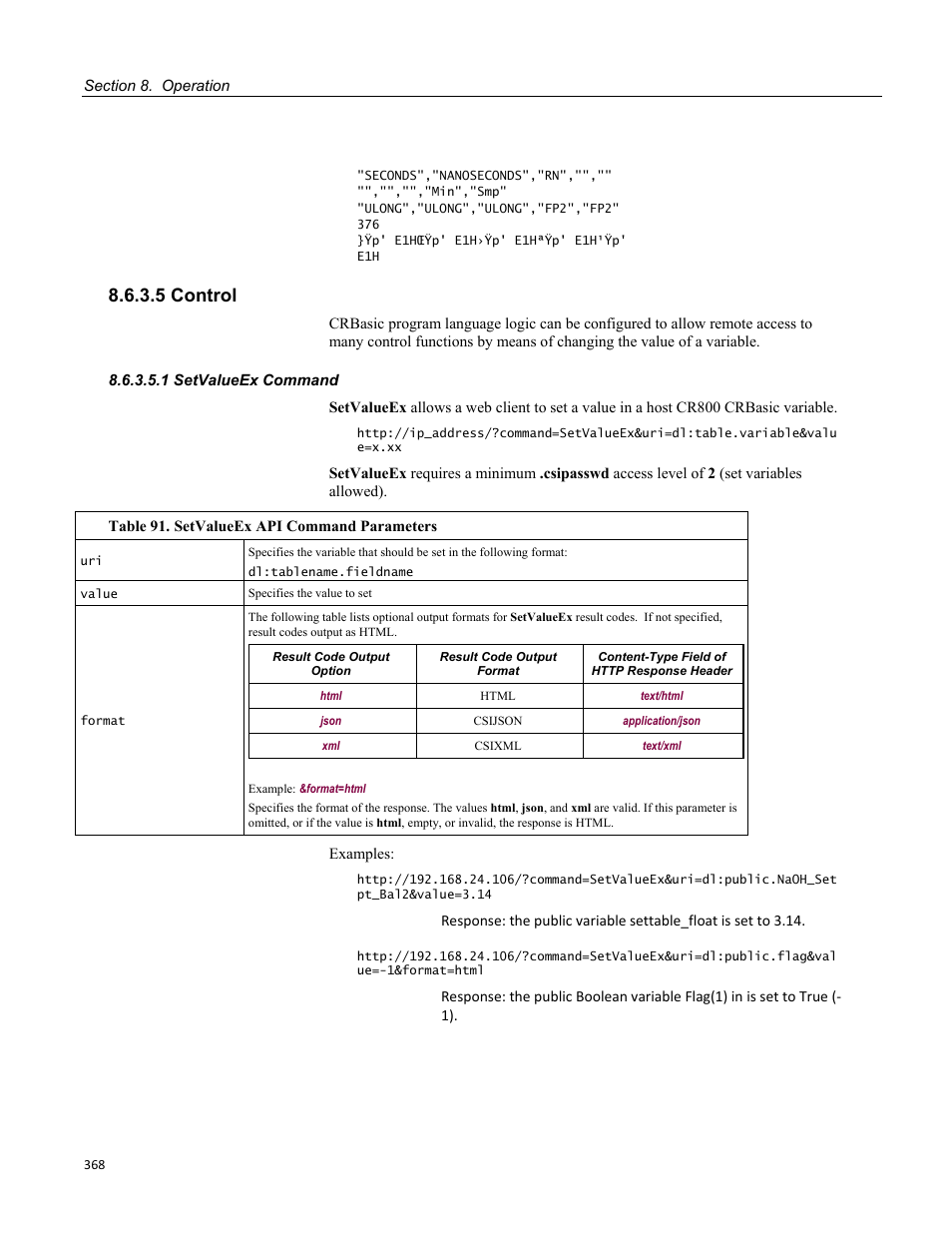 5 control, 1 setvalueex command, Table 88. browsesymbols api command parameters | Table 89. browsesymbols api command response | Campbell Scientific CR800 and CR850 Measurement and Control Systems User Manual | Page 368 / 566