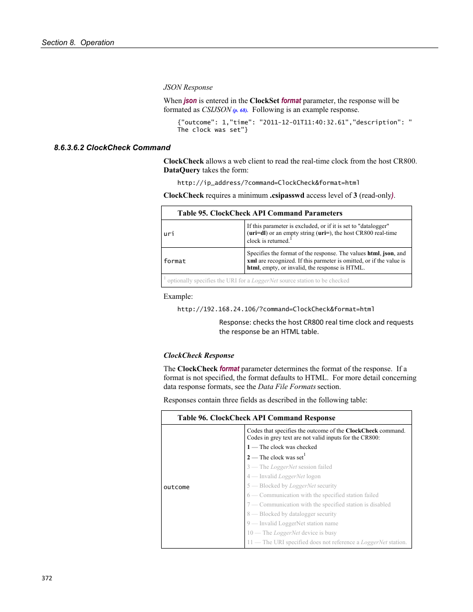 2 clockcheck command, Table 90. dataquery api command parameters | Campbell Scientific CR800 and CR850 Measurement and Control Systems User Manual | Page 372 / 566