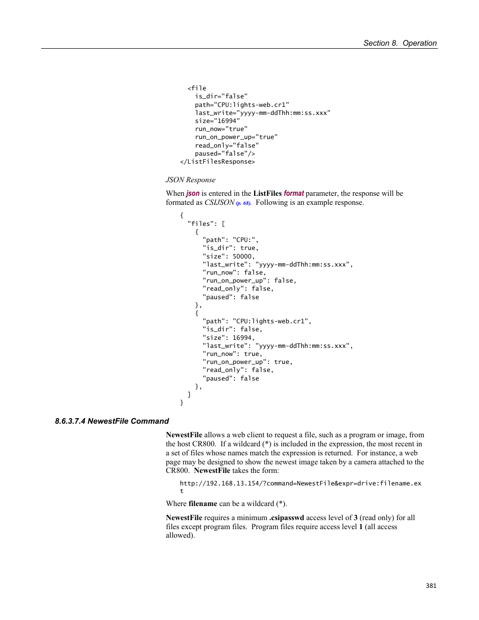 4 newestfile command, Table 95. clockcheck api command parameters, Table 96. clockcheck api command response | Campbell Scientific CR800 and CR850 Measurement and Control Systems User Manual | Page 381 / 566