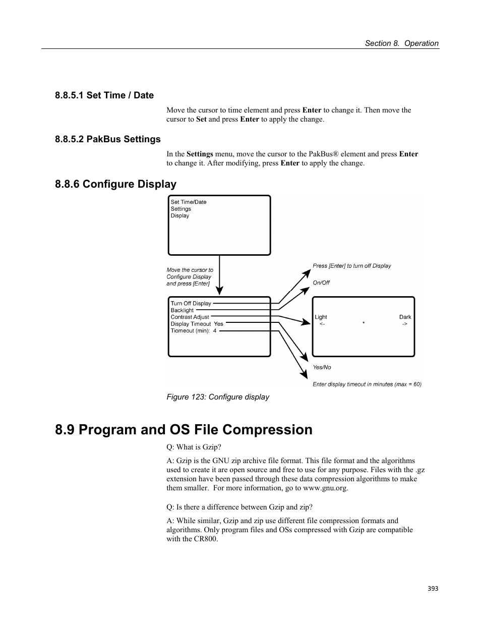 1 set time / date, 2 pakbus settings, 6 configure display | 9 program and os file compression, Figure 113: using the keyboard / display | Campbell Scientific CR800 and CR850 Measurement and Control Systems User Manual | Page 393 / 566