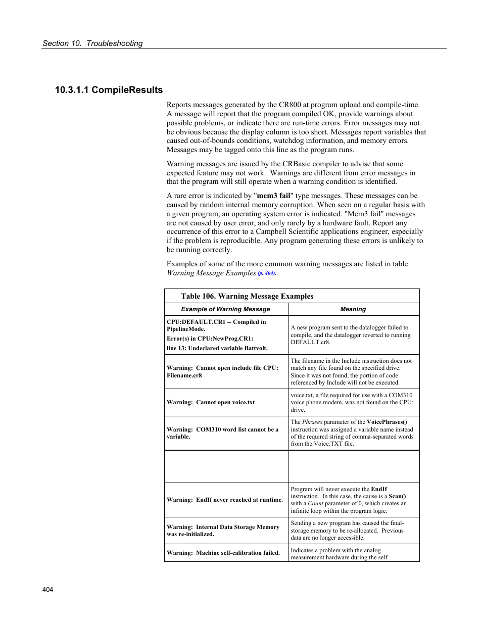 1 compileresults, Table 104. typical gzip file compression results | Campbell Scientific CR800 and CR850 Measurement and Control Systems User Manual | Page 404 / 566