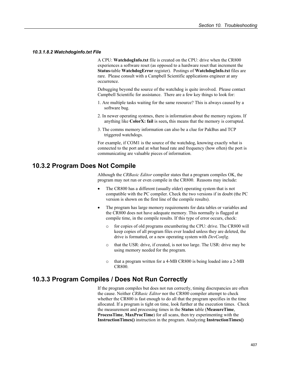 2 watchdoginfo.txt file, 2 program does not compile, 3 program compiles / does not run correctly | Campbell Scientific CR800 and CR850 Measurement and Control Systems User Manual | Page 407 / 566