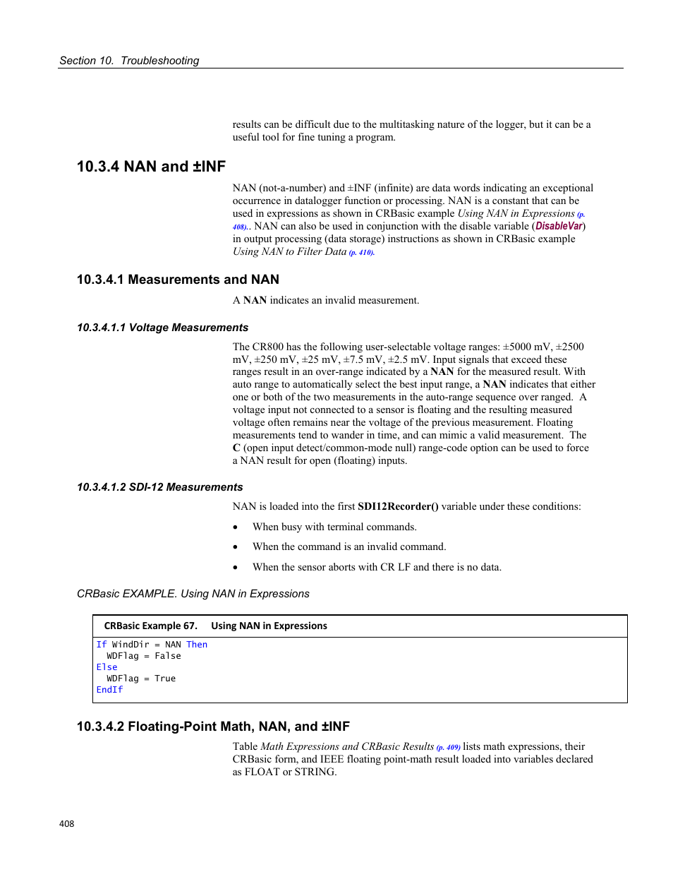 4 nan and ±inf, 1 measurements and nan, 1 voltage measurements | 2 sdi-12 measurements, 2 floating-point math, nan, and ±inf | Campbell Scientific CR800 and CR850 Measurement and Control Systems User Manual | Page 408 / 566