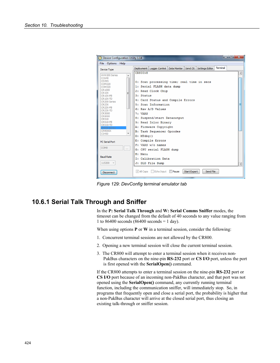 1 serial talk through and sniffer | Campbell Scientific CR800 and CR850 Measurement and Control Systems User Manual | Page 424 / 566