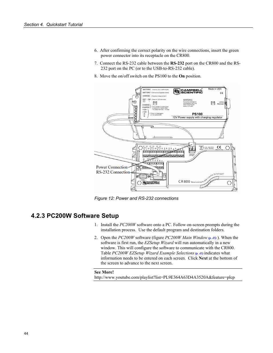 3 pc200w software setup, Figure 12: power and rs-232 connections | Campbell Scientific CR800 and CR850 Measurement and Control Systems User Manual | Page 44 / 566