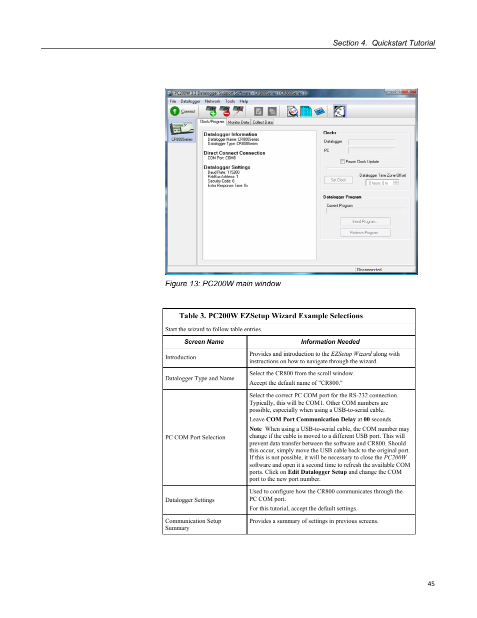 Figure 13: pc200w main window, Table 3. pc200w ezsetup wizard example selections | Campbell Scientific CR800 and CR850 Measurement and Control Systems User Manual | Page 45 / 566