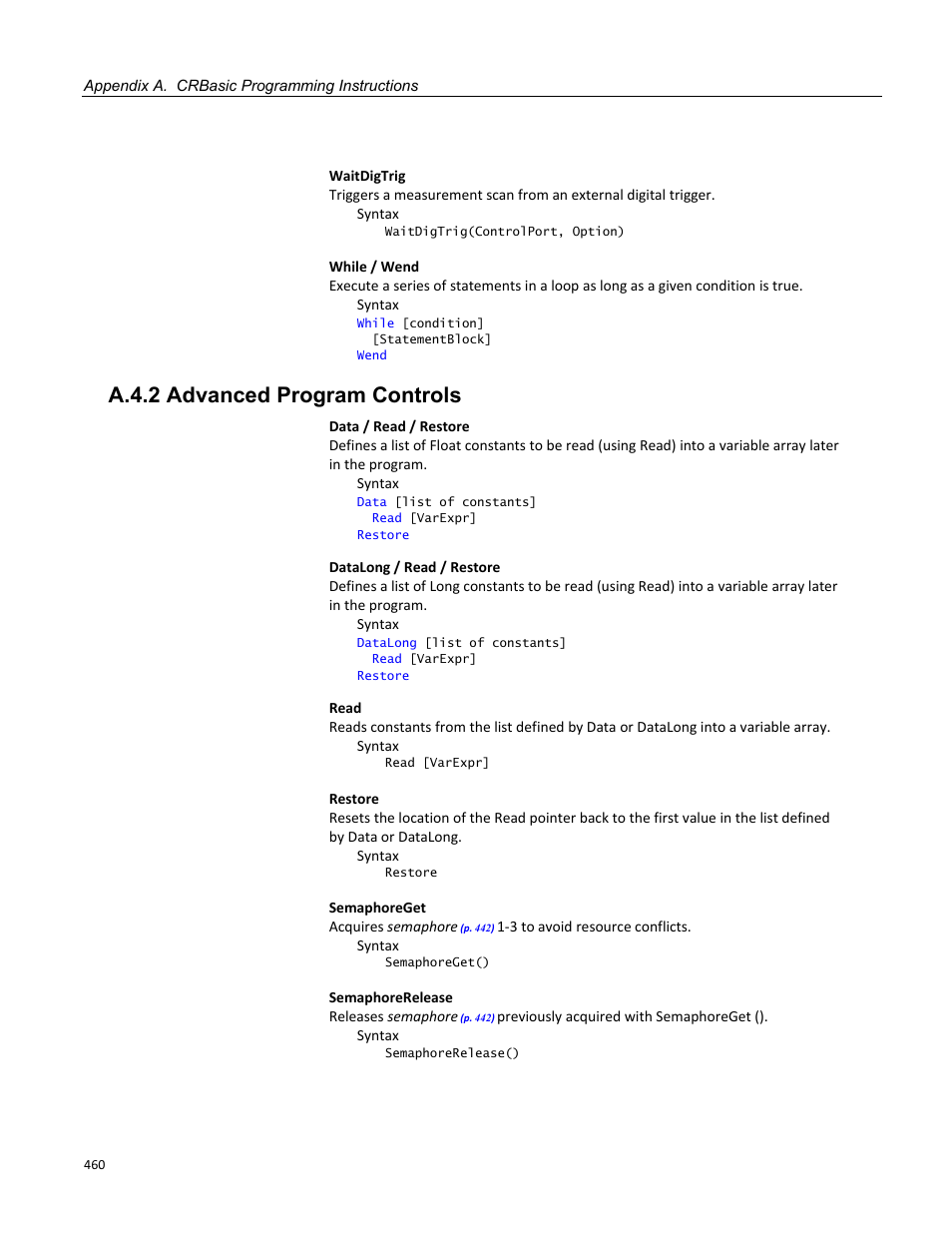 A.4.2 advanced program controls | Campbell Scientific CR800 and CR850 Measurement and Control Systems User Manual | Page 460 / 566