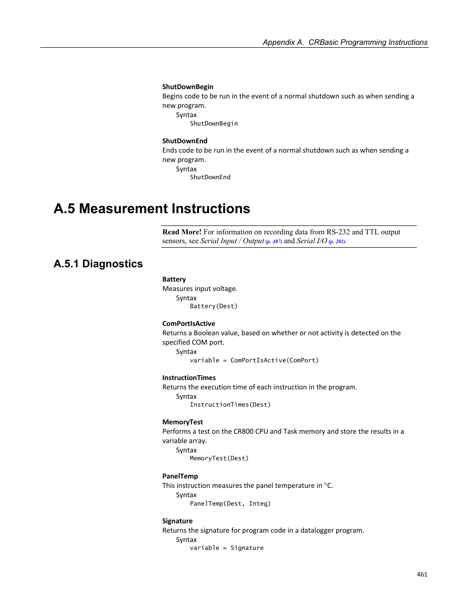 A.5 measurement instructions, A.5.1 diagnostics | Campbell Scientific CR800 and CR850 Measurement and Control Systems User Manual | Page 461 / 566