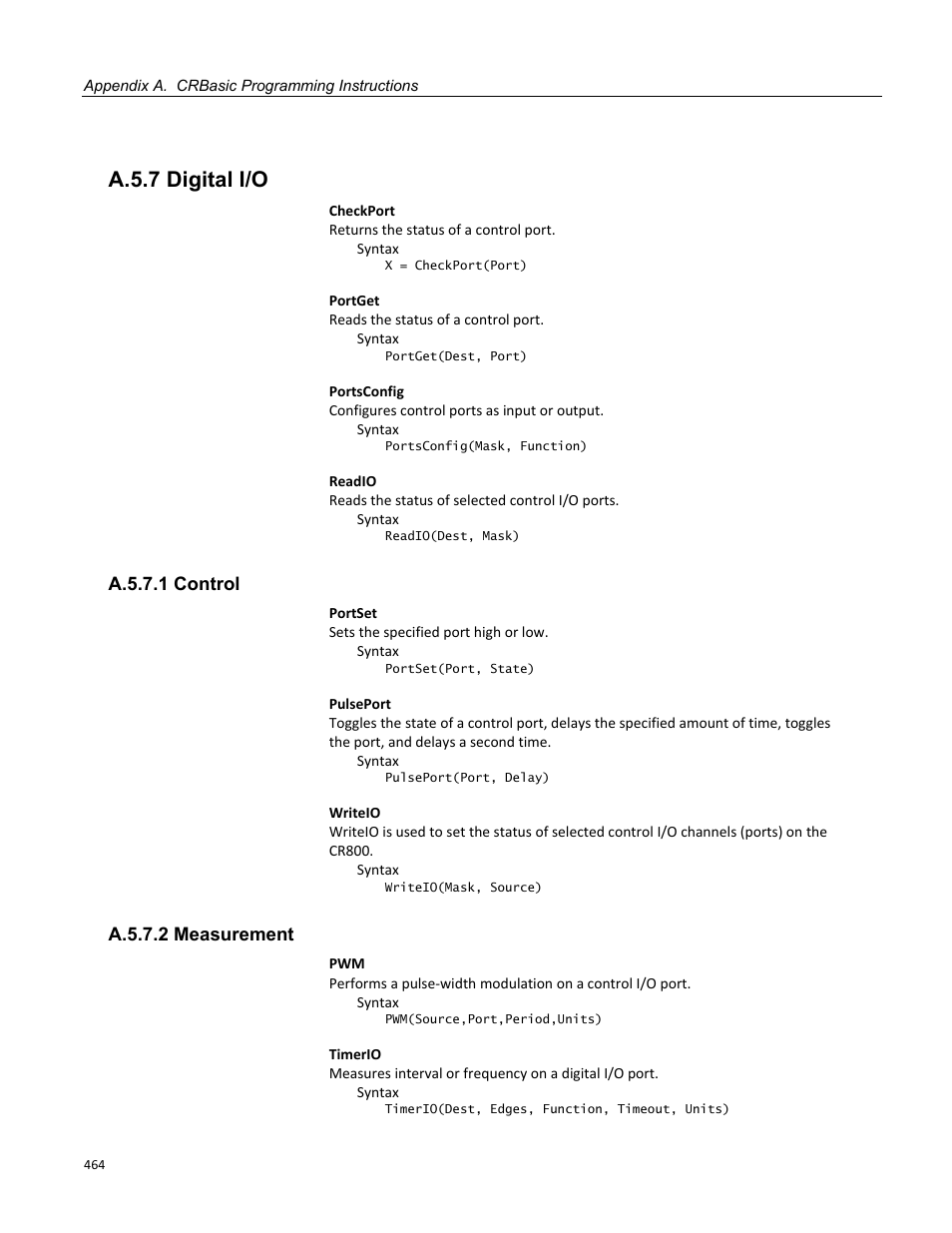 A.5.7 digital i/o, A.5.7.1 control, A.5.7.2 measurement | Campbell Scientific CR800 and CR850 Measurement and Control Systems User Manual | Page 464 / 566