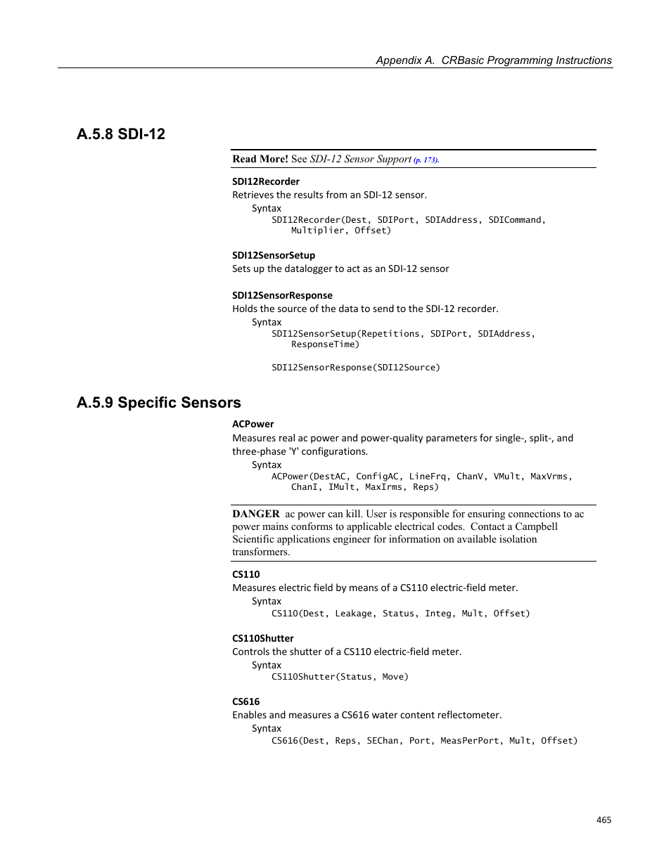 A.5.8 sdi-12, A.5.9 specific sensors | Campbell Scientific CR800 and CR850 Measurement and Control Systems User Manual | Page 465 / 566