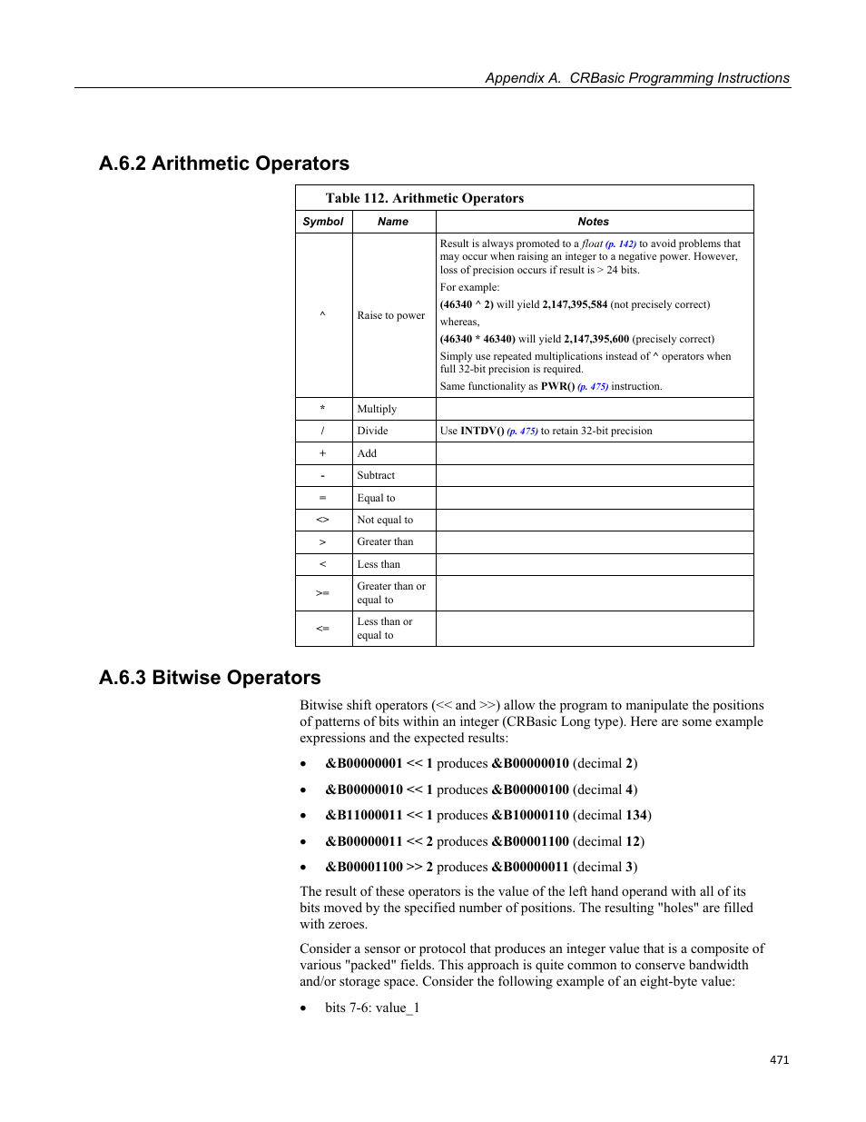 A.6.2 arithmetic operators, A.6.3 bitwise operators | Campbell Scientific CR800 and CR850 Measurement and Control Systems User Manual | Page 471 / 566