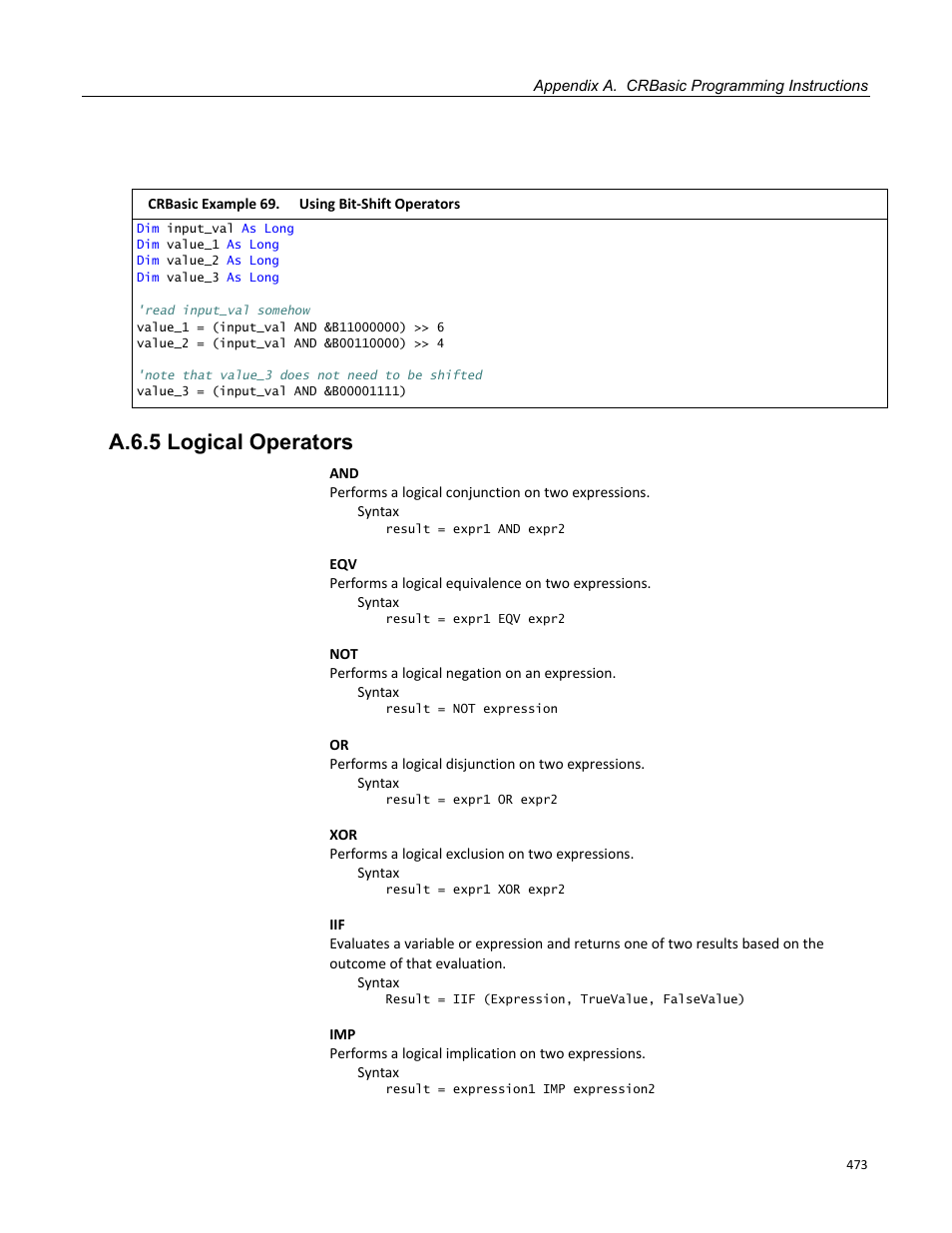 A.6.5 logical operators | Campbell Scientific CR800 and CR850 Measurement and Control Systems User Manual | Page 473 / 566