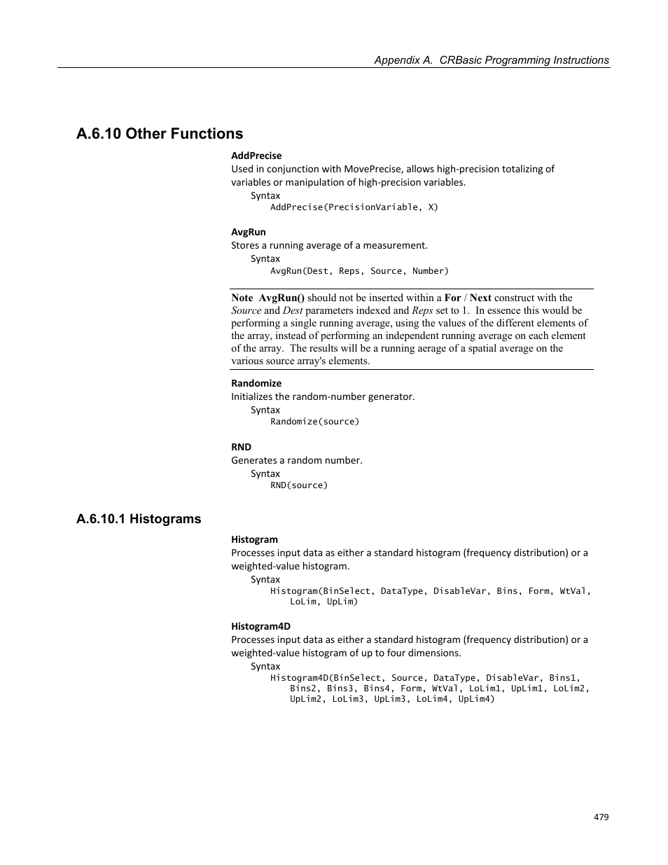 A.6.10 other functions, A.6.10.1 histograms | Campbell Scientific CR800 and CR850 Measurement and Control Systems User Manual | Page 479 / 566