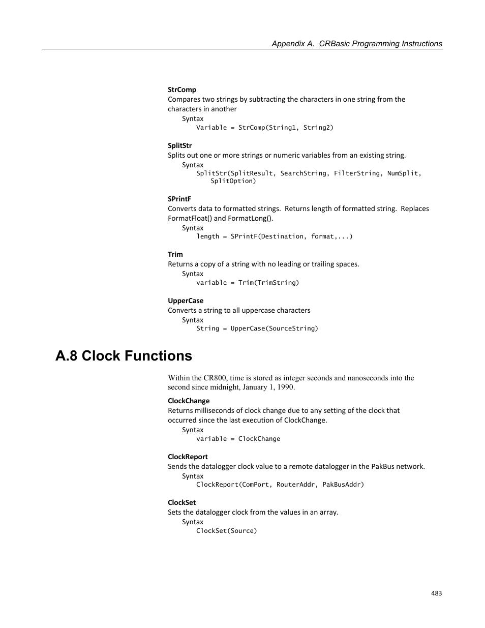 A.8 clock functions | Campbell Scientific CR800 and CR850 Measurement and Control Systems User Manual | Page 483 / 566