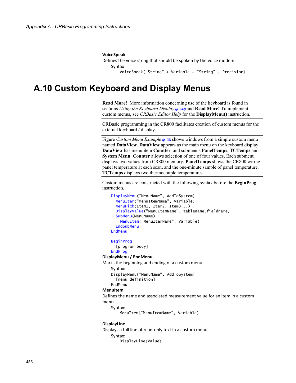 A.10 custom keyboard and display menus | Campbell Scientific CR800 and CR850 Measurement and Control Systems User Manual | Page 486 / 566