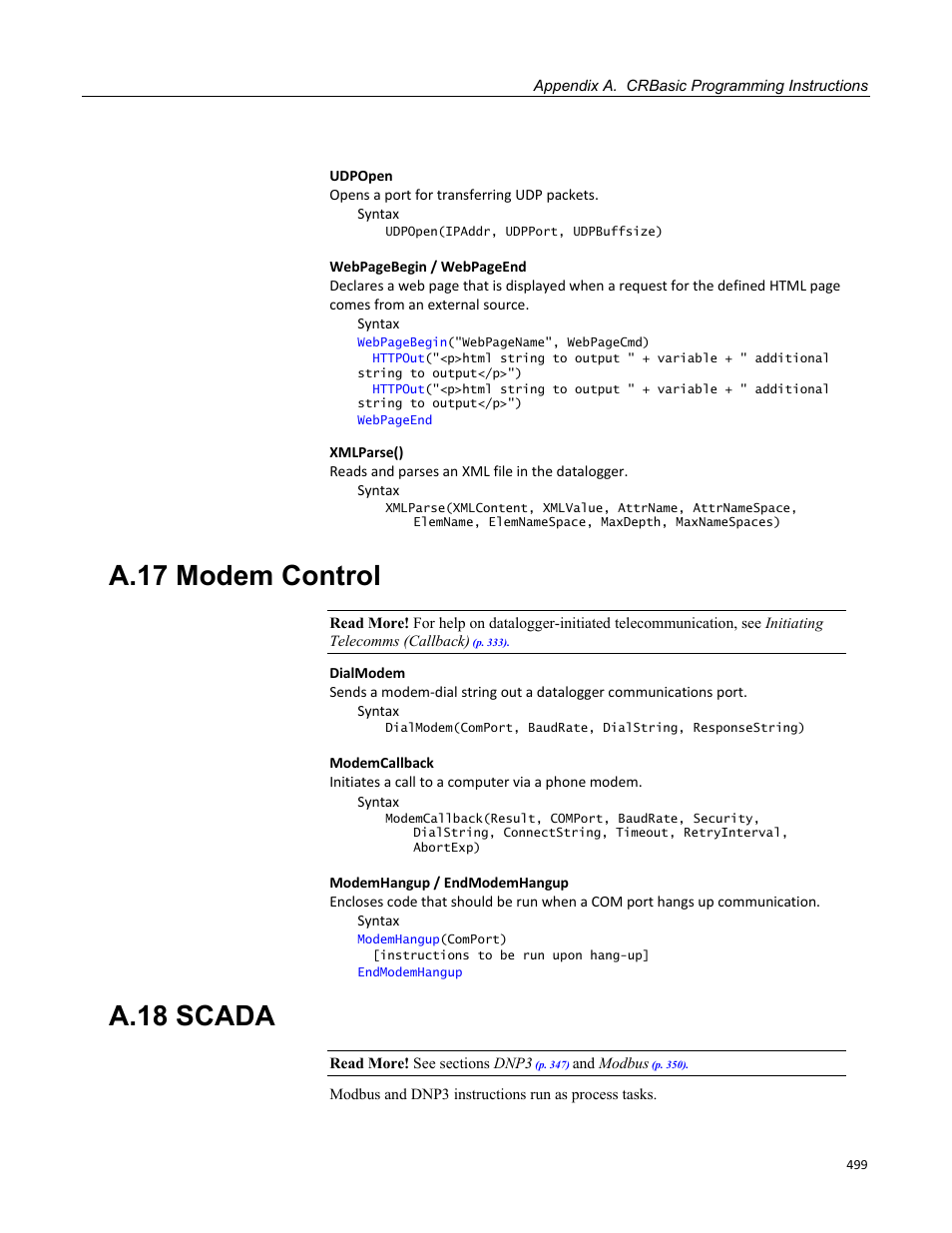 A.17 modem control, A.18 scada | Campbell Scientific CR800 and CR850 Measurement and Control Systems User Manual | Page 499 / 566