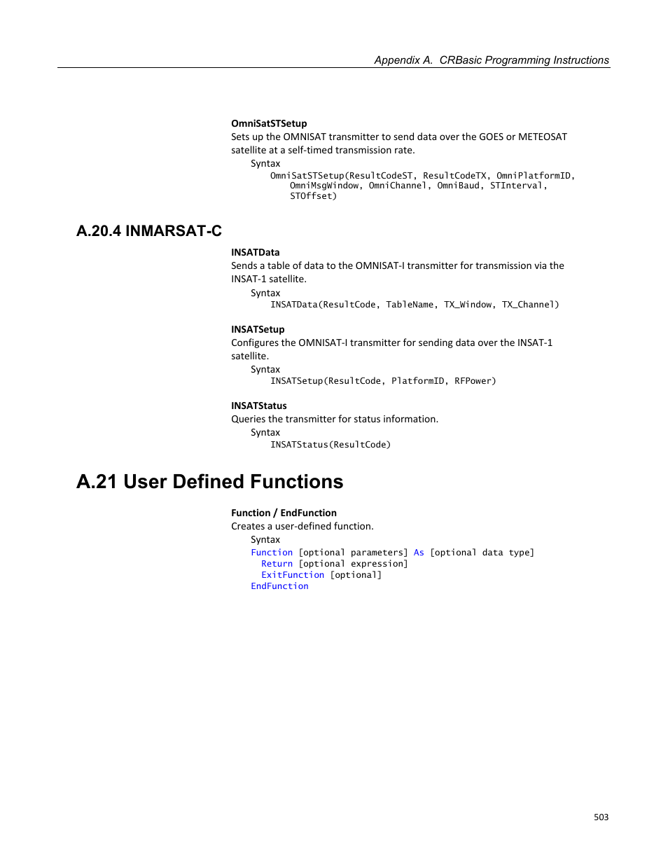 A.20.4 inmarsat-c, A.21 user defined functions | Campbell Scientific CR800 and CR850 Measurement and Control Systems User Manual | Page 503 / 566