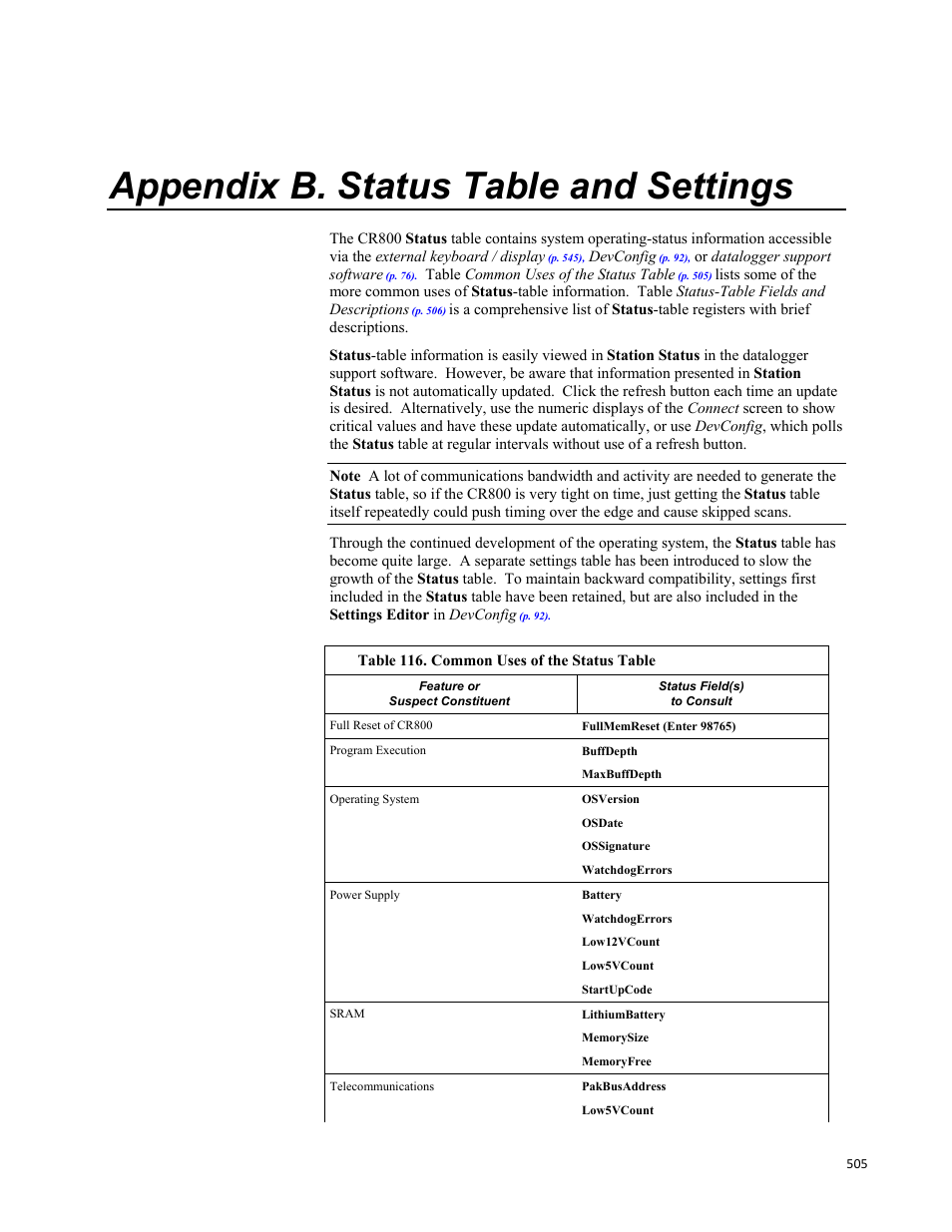 Appendix b. status table and settings | Campbell Scientific CR800 and CR850 Measurement and Control Systems User Manual | Page 505 / 566