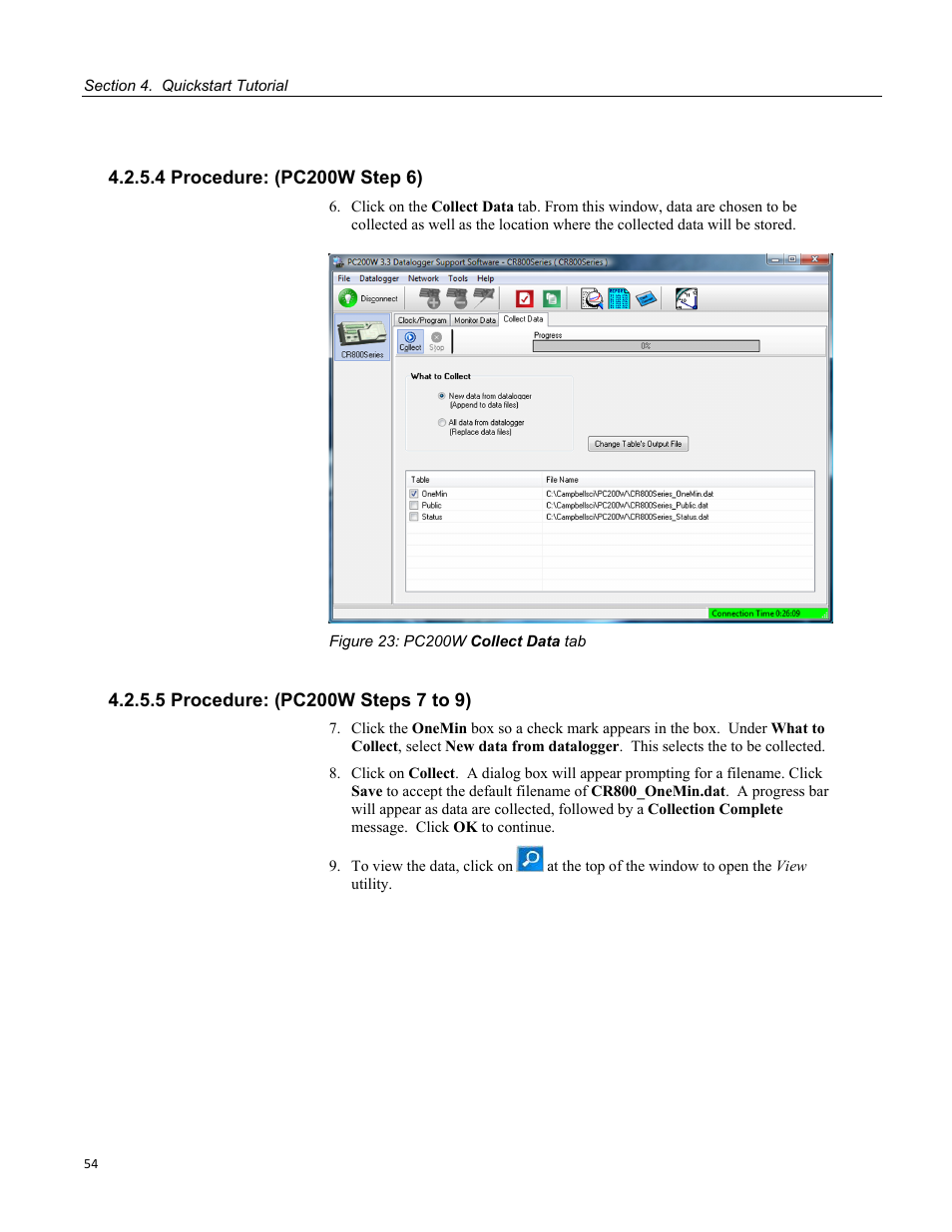 4 procedure: (pc200w step 6), 5 procedure: (pc200w steps 7 to 9), Figure 23: pc200w collect data tab | Campbell Scientific CR800 and CR850 Measurement and Control Systems User Manual | Page 54 / 566