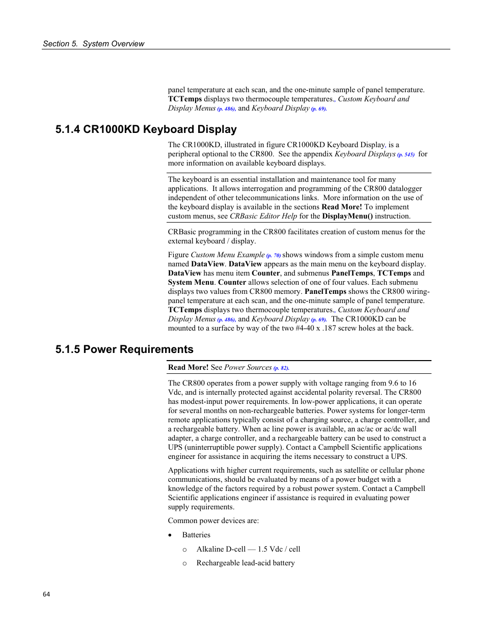 4 cr1000kd keyboard display, 5 power requirements | Campbell Scientific CR800 and CR850 Measurement and Control Systems User Manual | Page 64 / 566