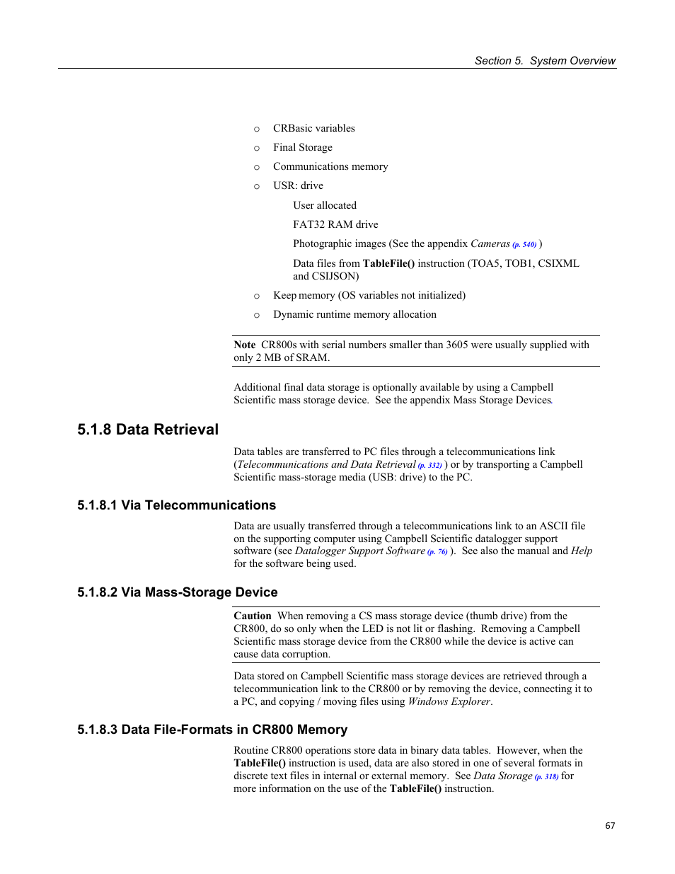 8 data retrieval, 1 via telecommunications, 2 via mass-storage device | 3 data file-formats in cr800 memory | Campbell Scientific CR800 and CR850 Measurement and Control Systems User Manual | Page 67 / 566