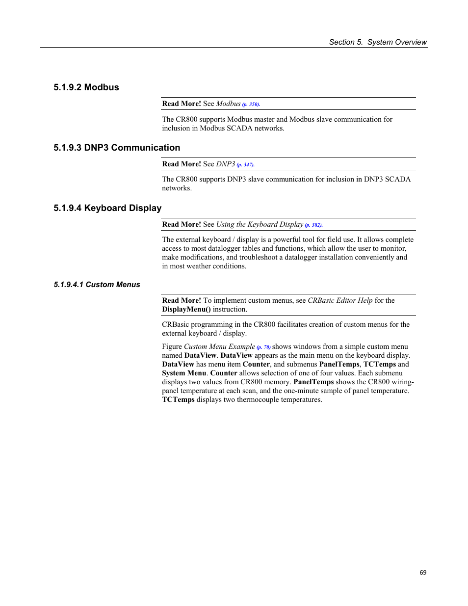 2 modbus, 3 dnp3 communication, 4 keyboard display | 1 custom menus, P. 69 | Campbell Scientific CR800 and CR850 Measurement and Control Systems User Manual | Page 69 / 566