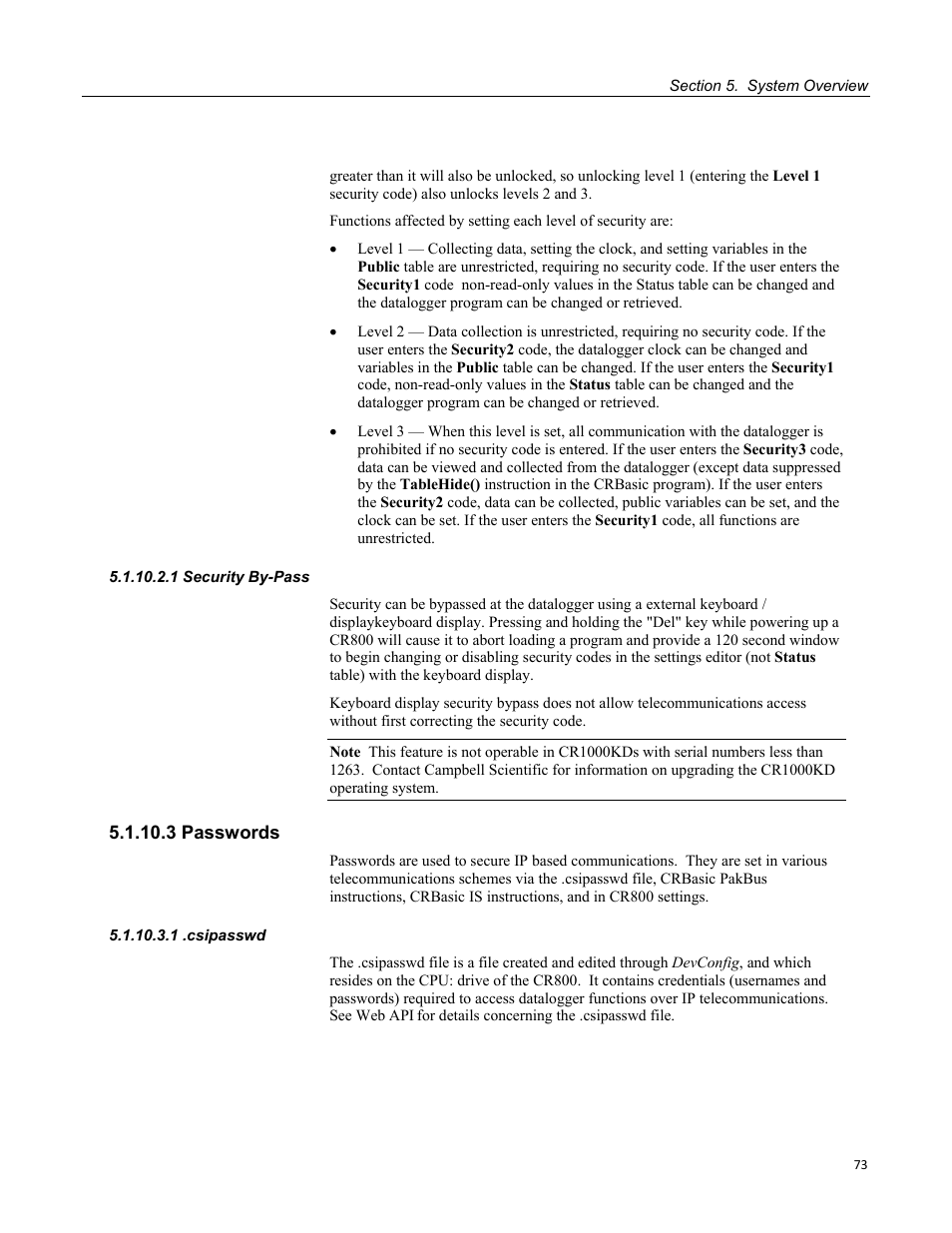 1 security by-pass, 3 passwords, 1 .csipasswd | Campbell Scientific CR800 and CR850 Measurement and Control Systems User Manual | Page 73 / 566