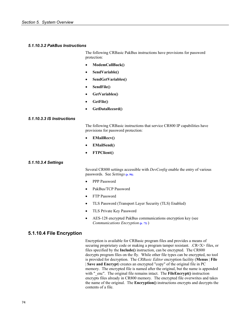 2 pakbus instructions, 3 is instructions, 4 settings | 4 file encryption | Campbell Scientific CR800 and CR850 Measurement and Control Systems User Manual | Page 74 / 566